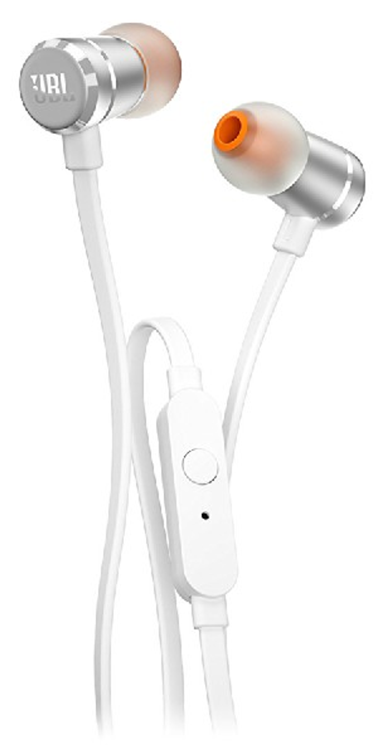 Auricolari bianchi con dettagli argentati e auricolari arancioni. Sfondo bianco.