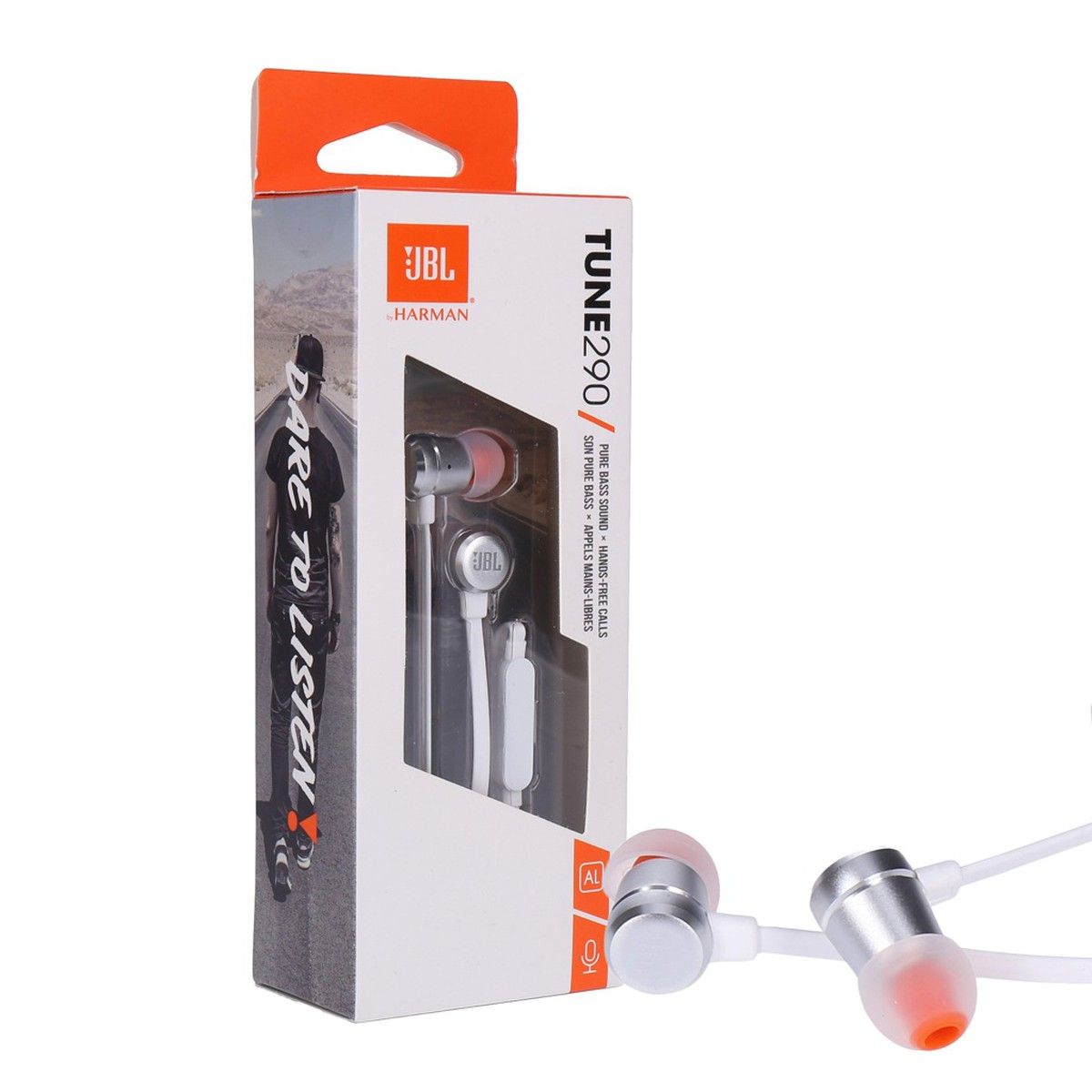 Auricolari JBL Tune 290 in confezione. Auricolari bianchi e arancioni con scatola. Sfondo bianco.