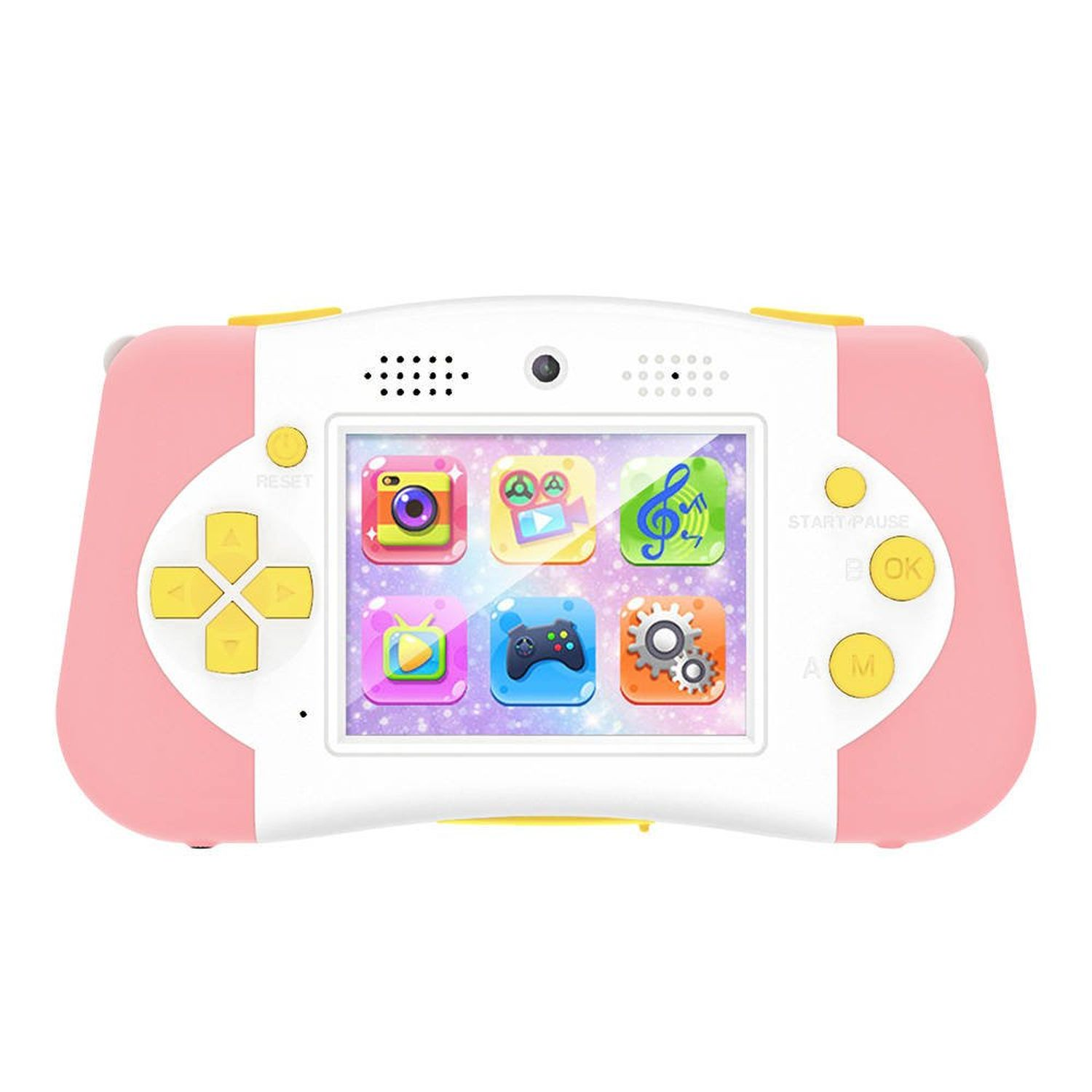 Eine rosa und weiße Handheld-Spielkonsole mit einem Bildschirm, der bunte Symbole zeigt. Gelbe Knöpfe vorhanden.