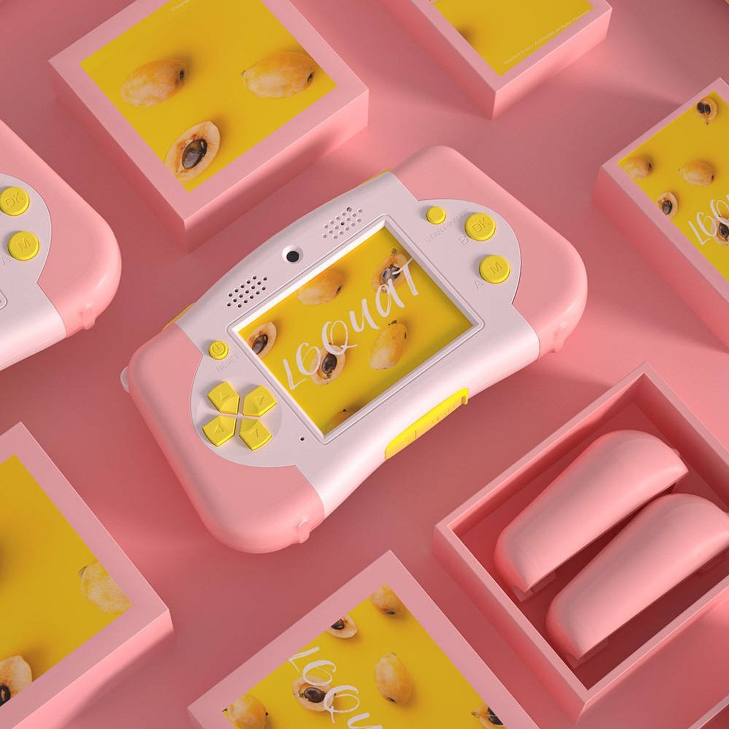 Rosa Handheld-Konsole mit Bildschirm und Knöpfen, umgeben von rosa Boxen.