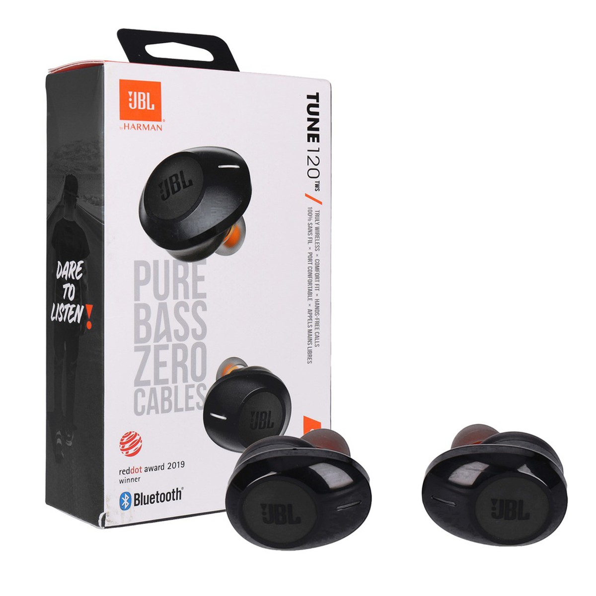 JBL Tune 120TWS Ohrhörer und Box. Box zeigt Ohrhörer, Red Dot Award und Bluetooth-Logo.