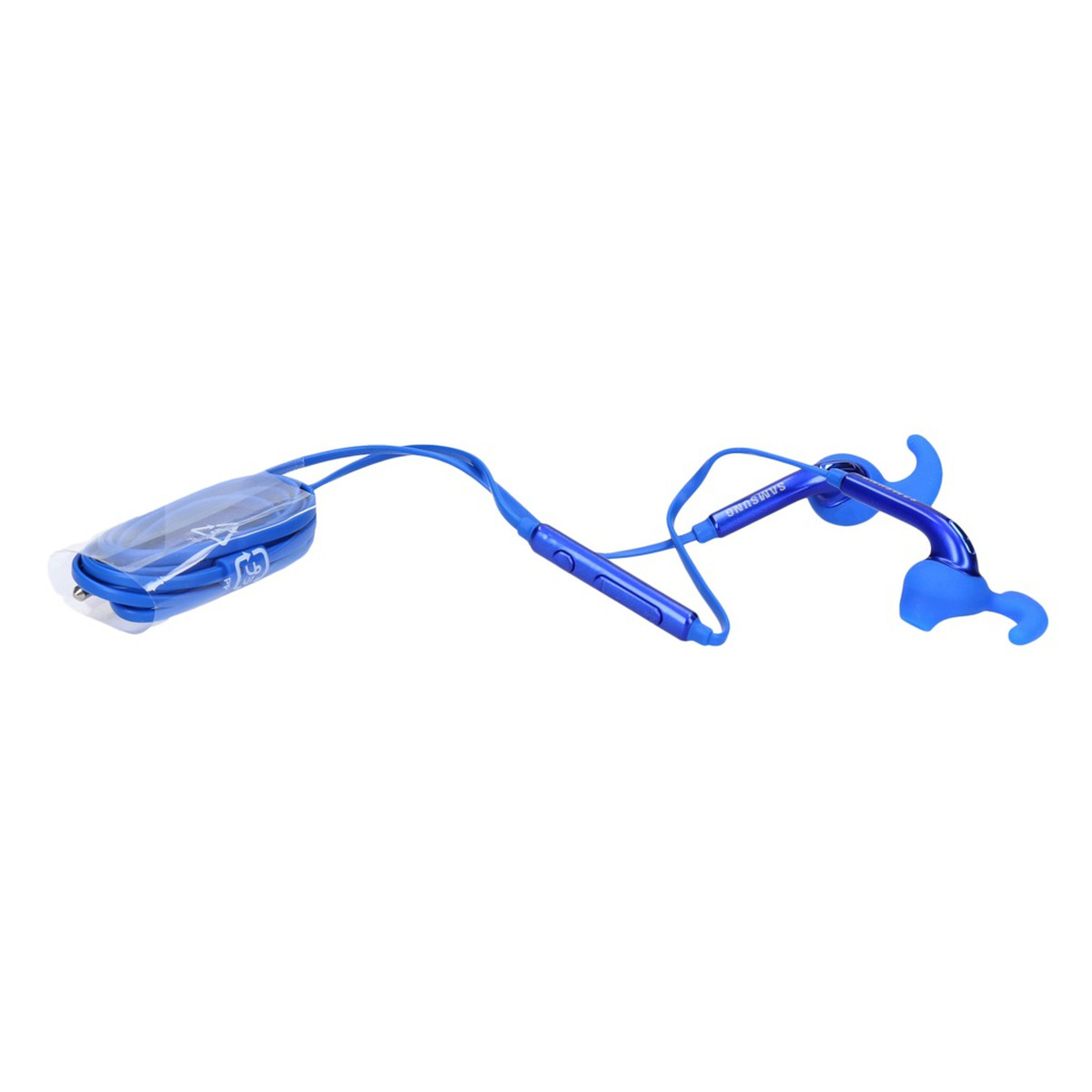 Niebieskie bezprzewodowe słuchawki z etui ładującym. Słuchawki mają konstrukcję z pałąkiem na szyję.