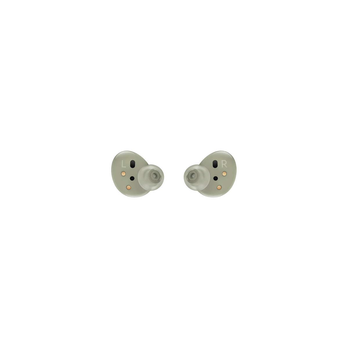 Due auricolari grigio chiaro. Uno con etichetta 'R', l'altro 'L'. Sfondo bianco.
