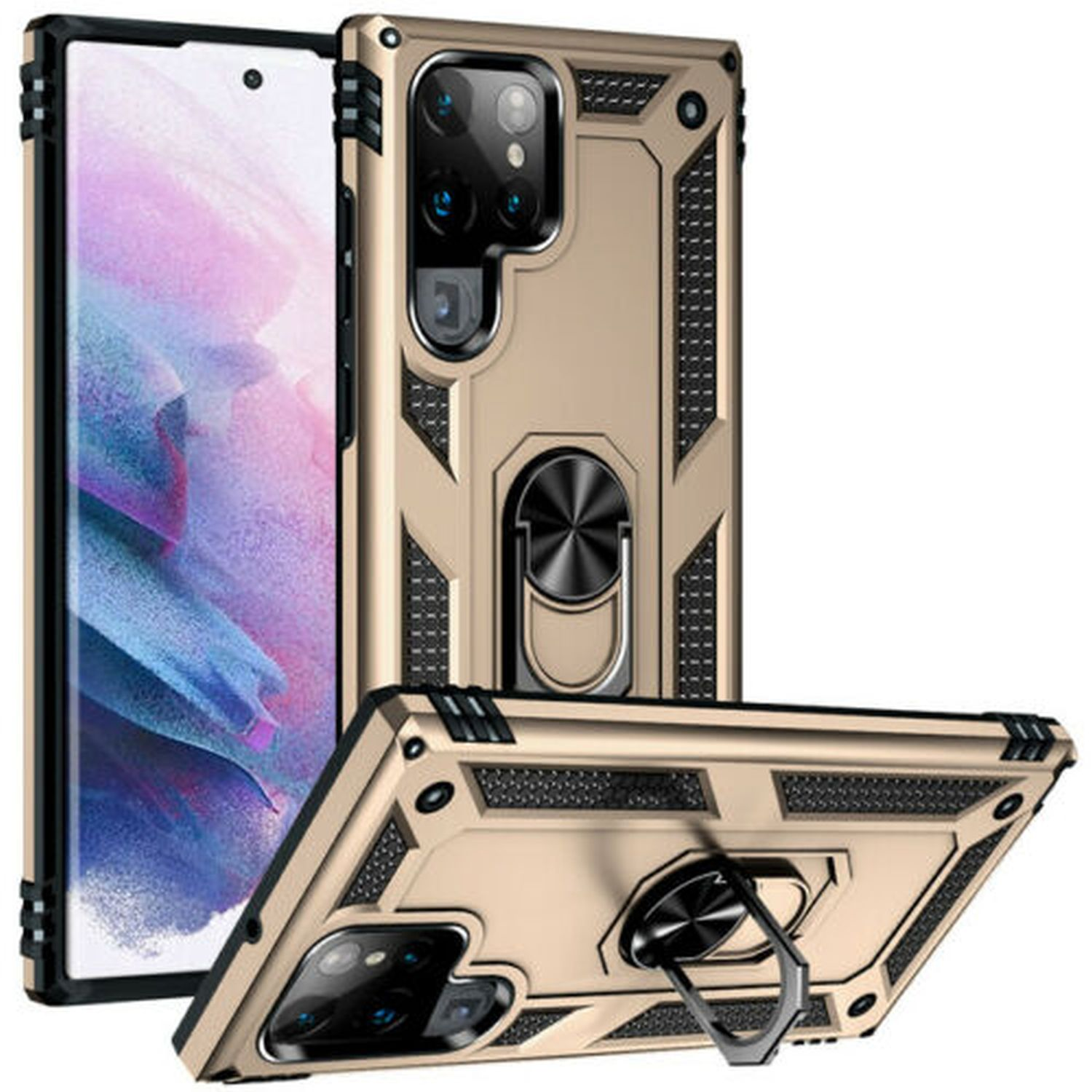 Goldene Handyhülle mit Ringhalter, drei Hüllen, weißer Hintergrund.