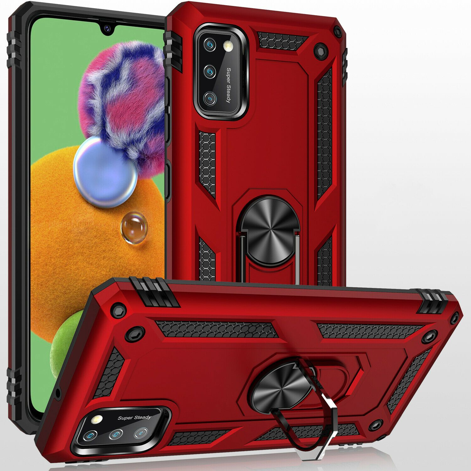 Rote Handyhülle mit Ringhalter, die ein Telefon bedeckt. Andere Hüllen im Hintergrund.