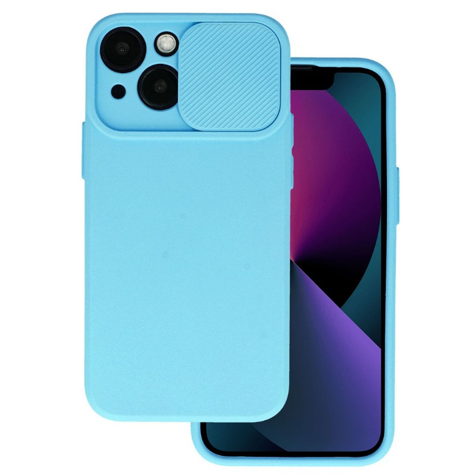 Blaue Handyhülle mit Kameraabdeckung und Handy. Weißer Hintergrund.