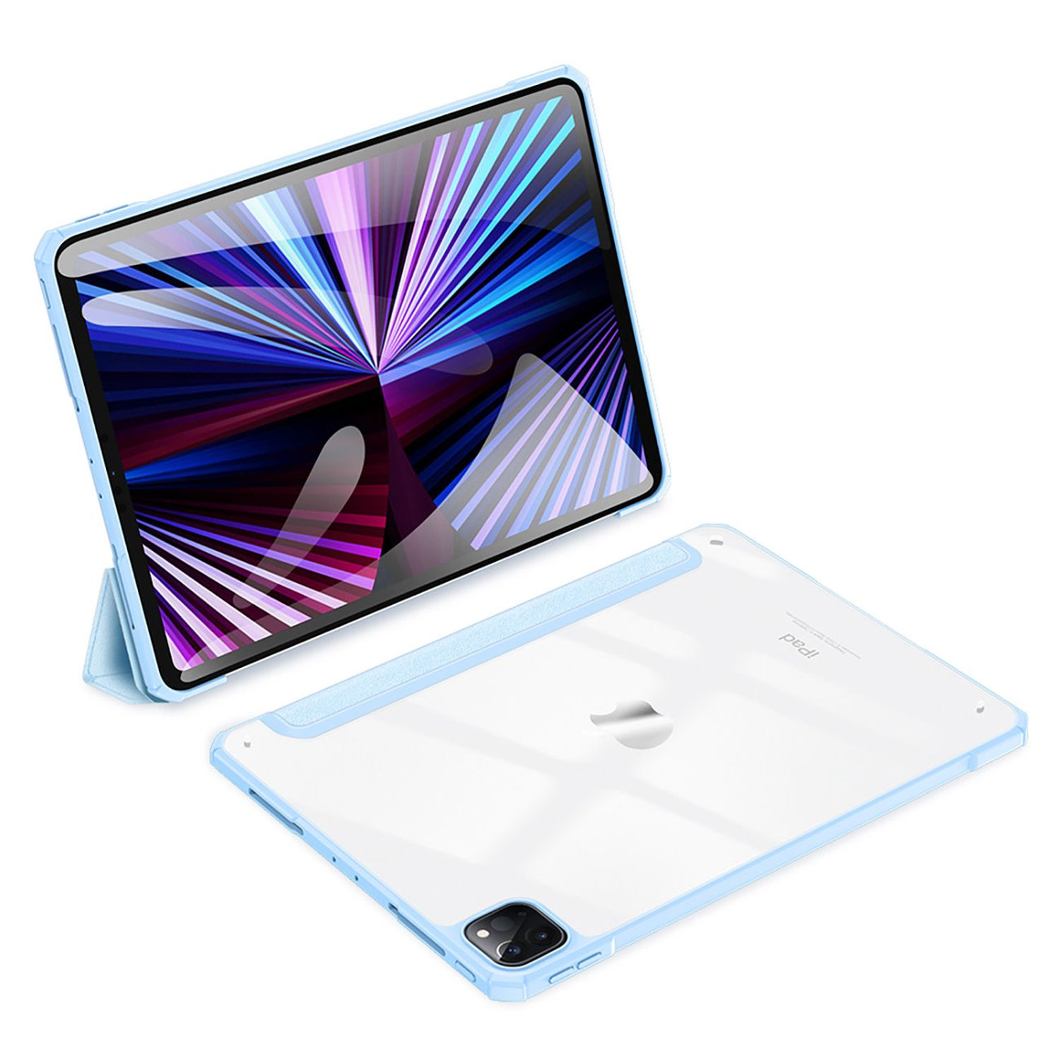 Blaue iPad-Hülle mit klarer Rückseite, offen und flach liegend, vor weißem Hintergrund.
