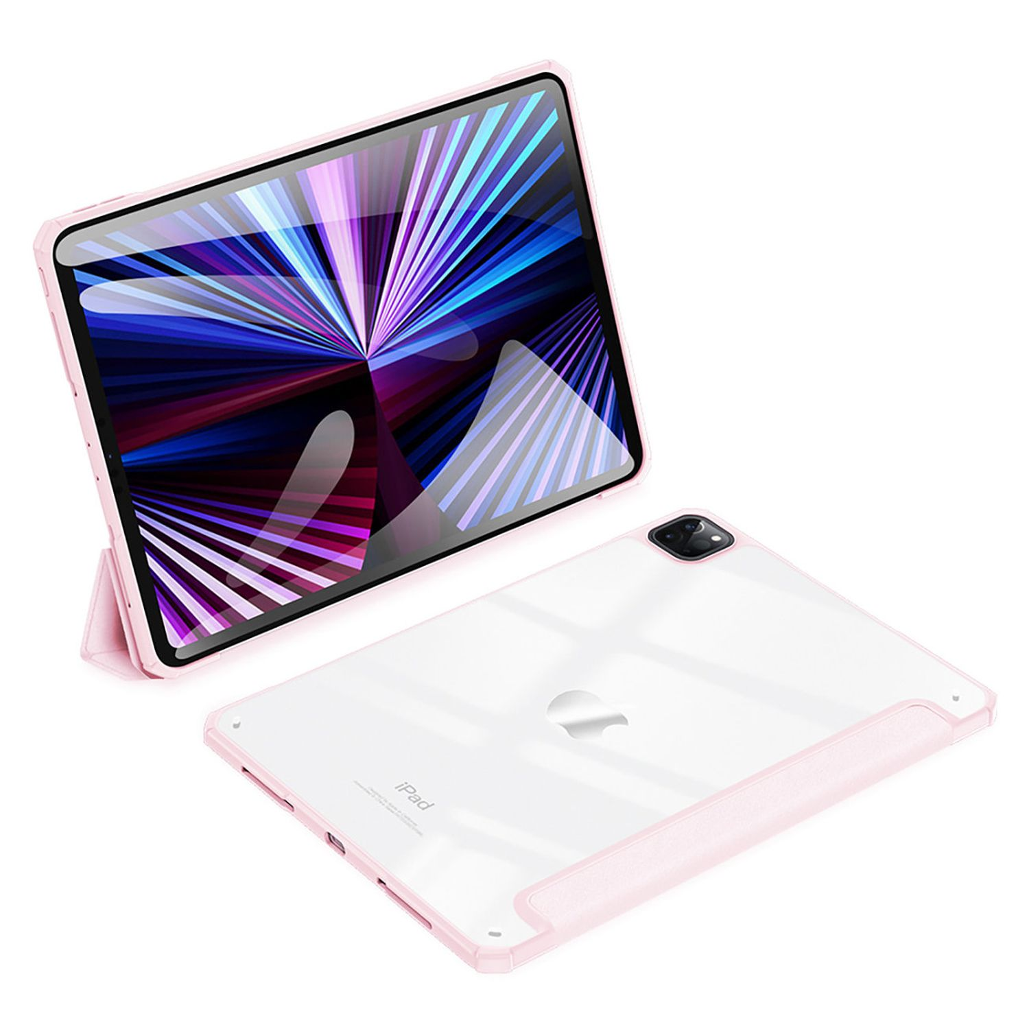 Rosafarbene iPad-Hülle, geöffnet und stehend, mit einem iPad darin. Ein weiteres iPad liegt. Weißer Hintergrund.