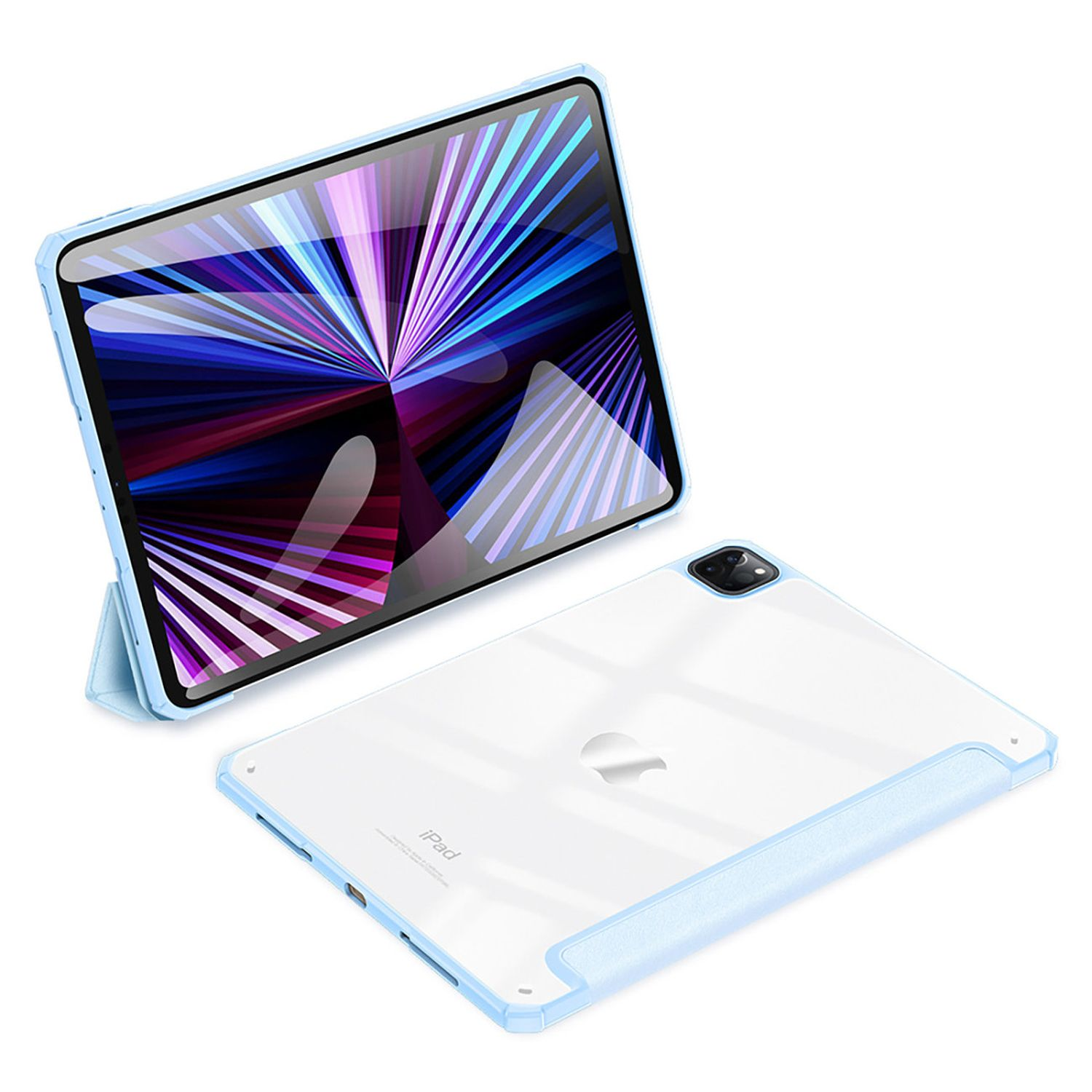 Zwei iPads, eines mit blauem Case geöffnet, das andere flach liegend. Beide liegen auf einer weißen Oberfläche.