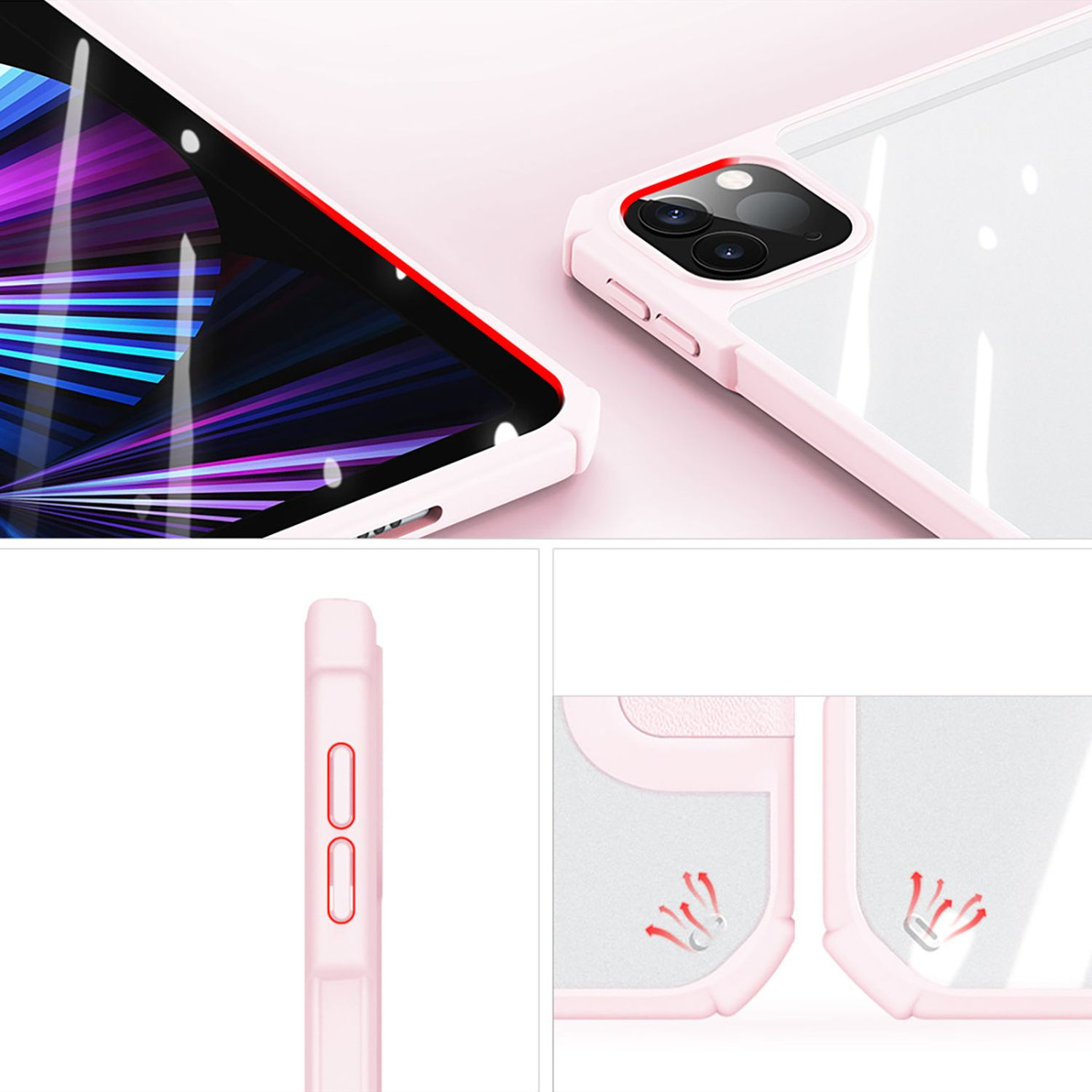 Nahaufnahme einer rosa Handyhülle mit Details der Kanten, Knöpfe und Belüftung.