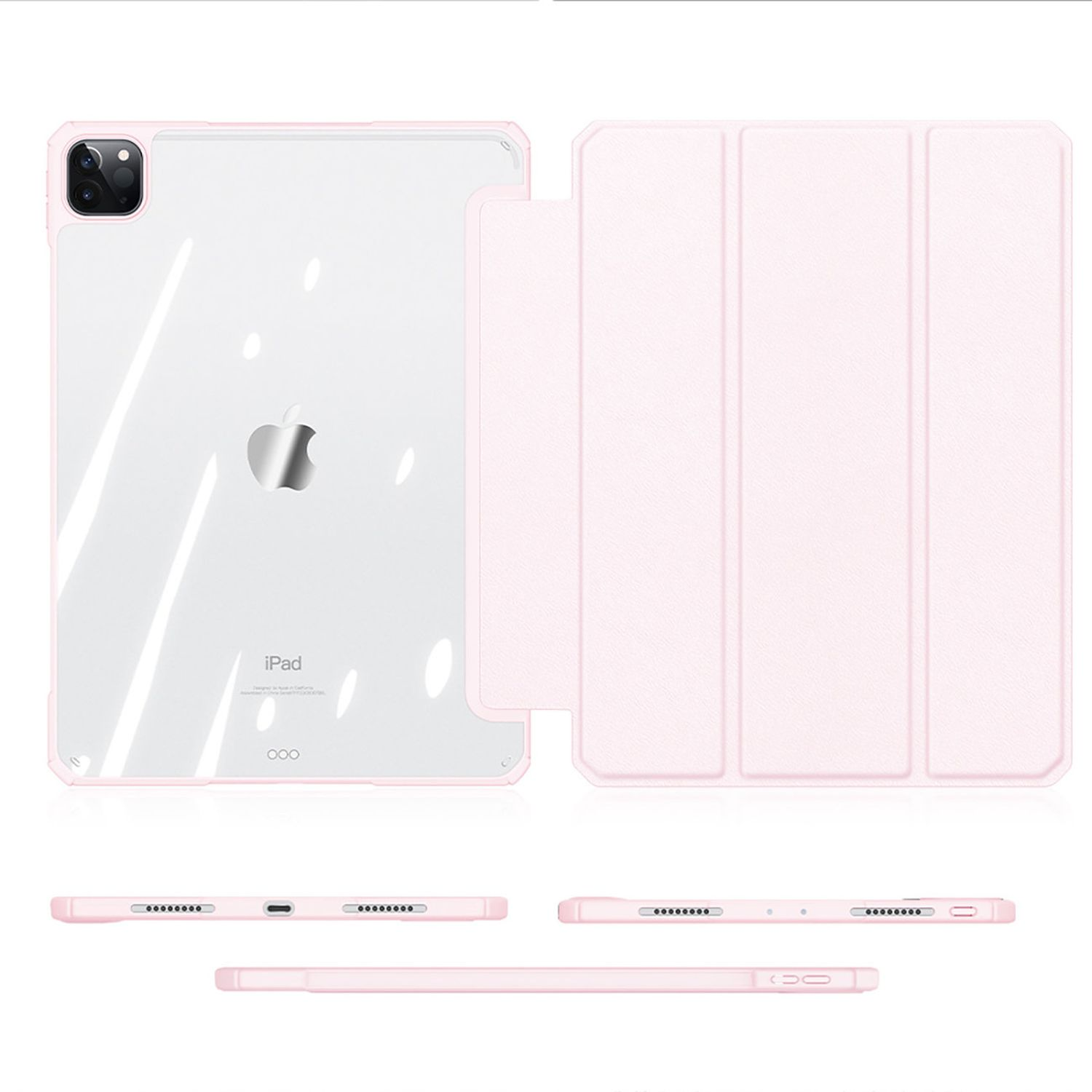 Rosa iPad-Hülle mit durchsichtigem Rücken, zeigt ein iPad mit transparentem Case.