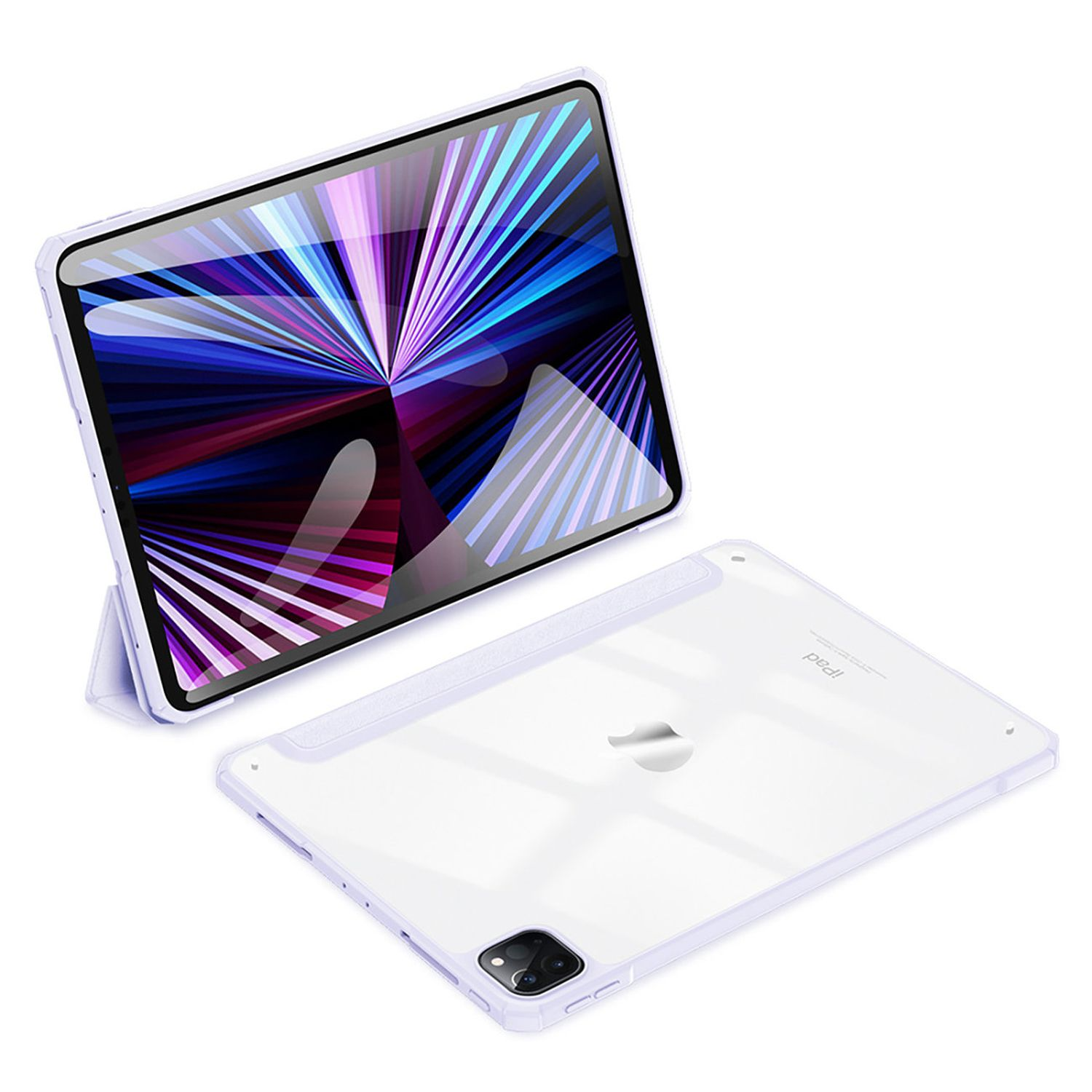Weiße iPad-Hülle, zweiteilig, eine offen, eine geschlossen. Der Bildschirm hat ein farbenfrohes Design.