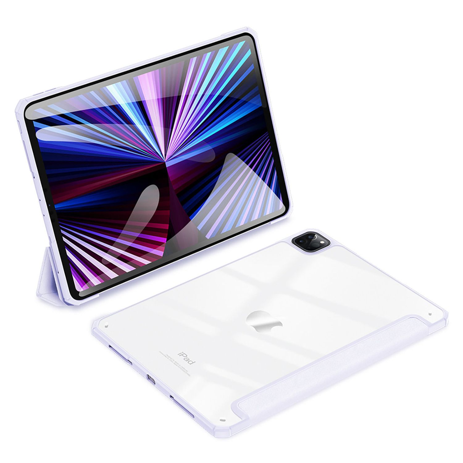 iPad mit Hülle auf weißer Oberfläche, Vorder- und Rückseite zeigend.