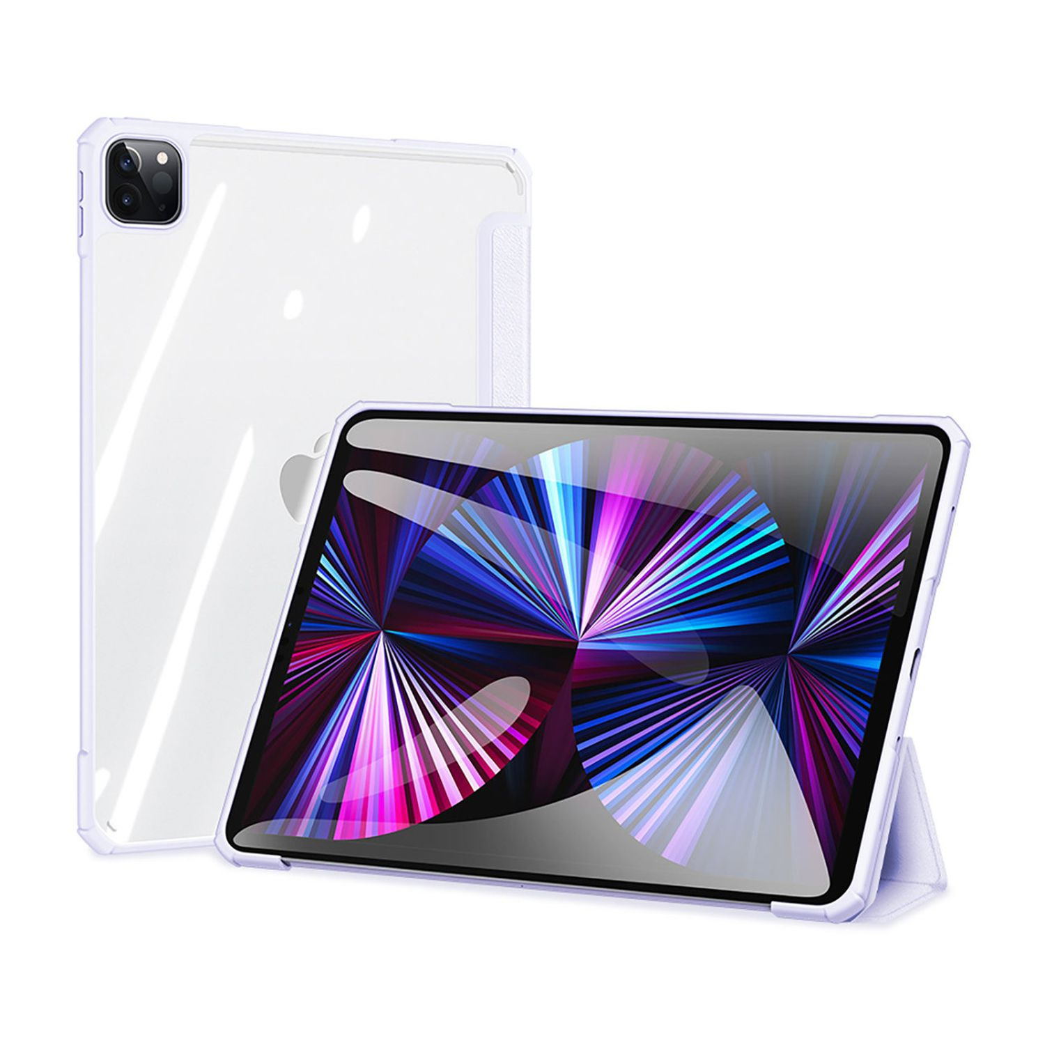 Ein weißes Tablet mit einer transparenten Hülle, aufrecht stehend mit einem anderen Tablet im Hintergrund.