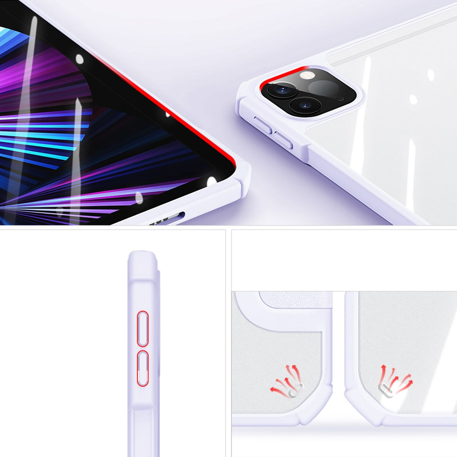 Telefon mit klarer Hülle, Nahaufnahmen zeigen Details. Weißer Hintergrund.