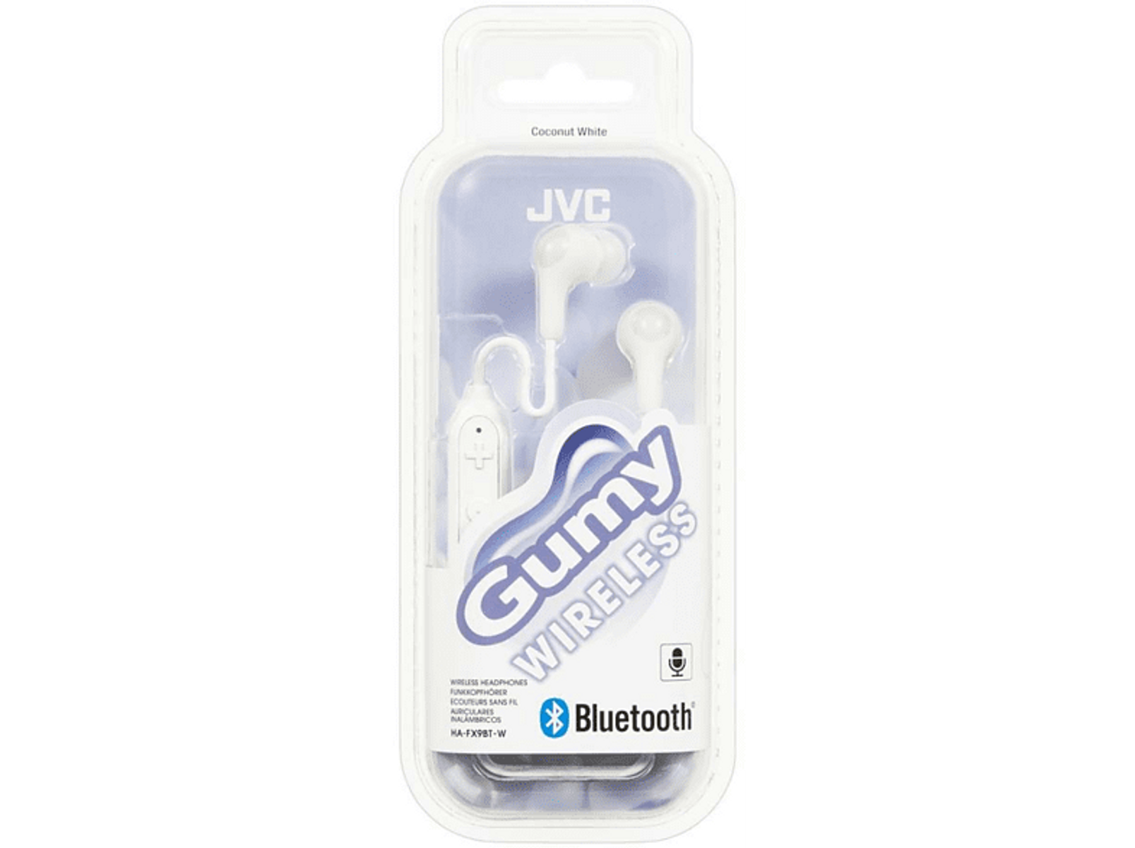 Słuchawki douszne w opakowaniu, białe i bezprzewodowe.