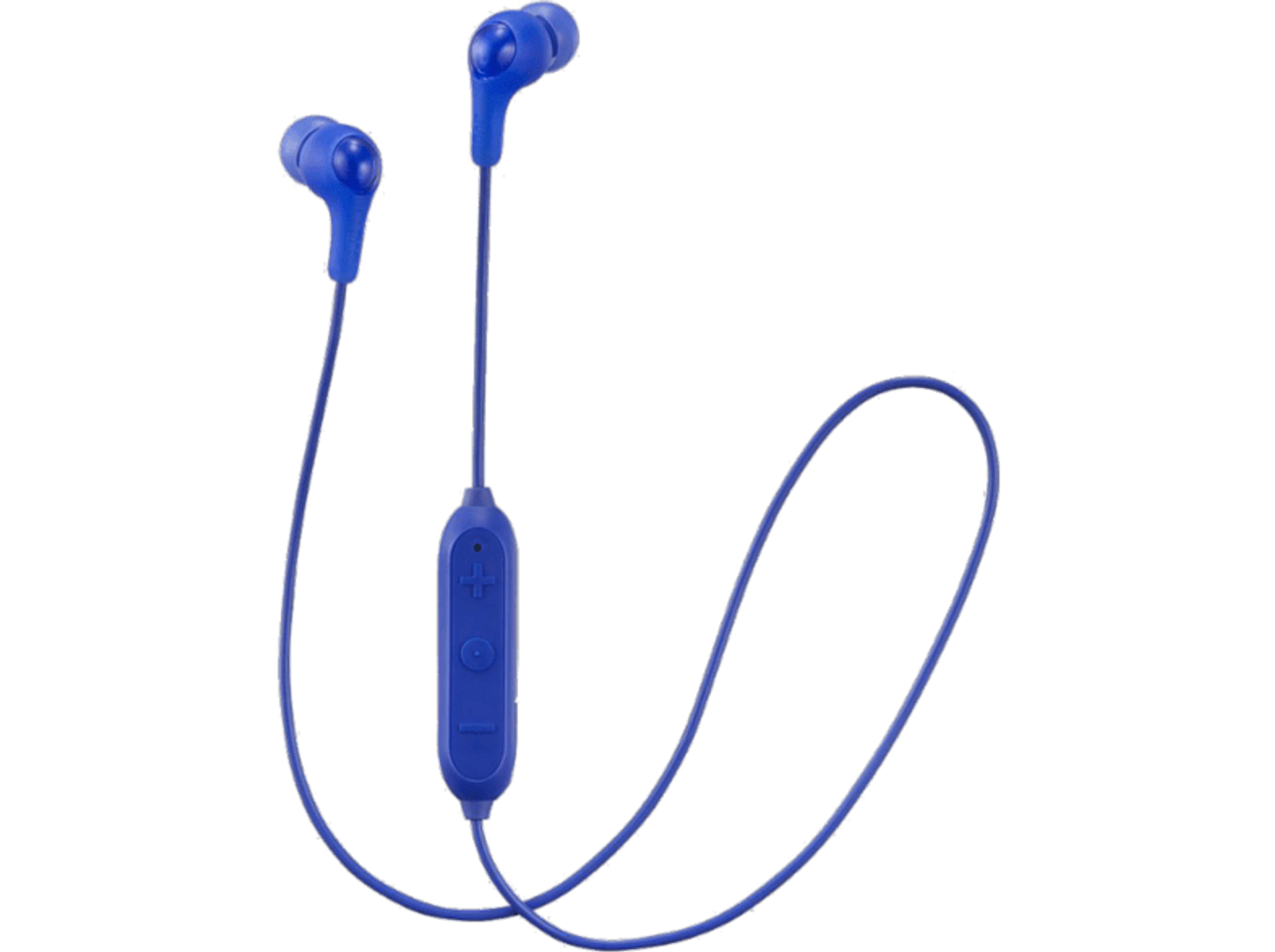 Niebieskie słuchawki douszne z modułem sterowania. Słuchawki i moduł połączone są niebieskimi przewodami.