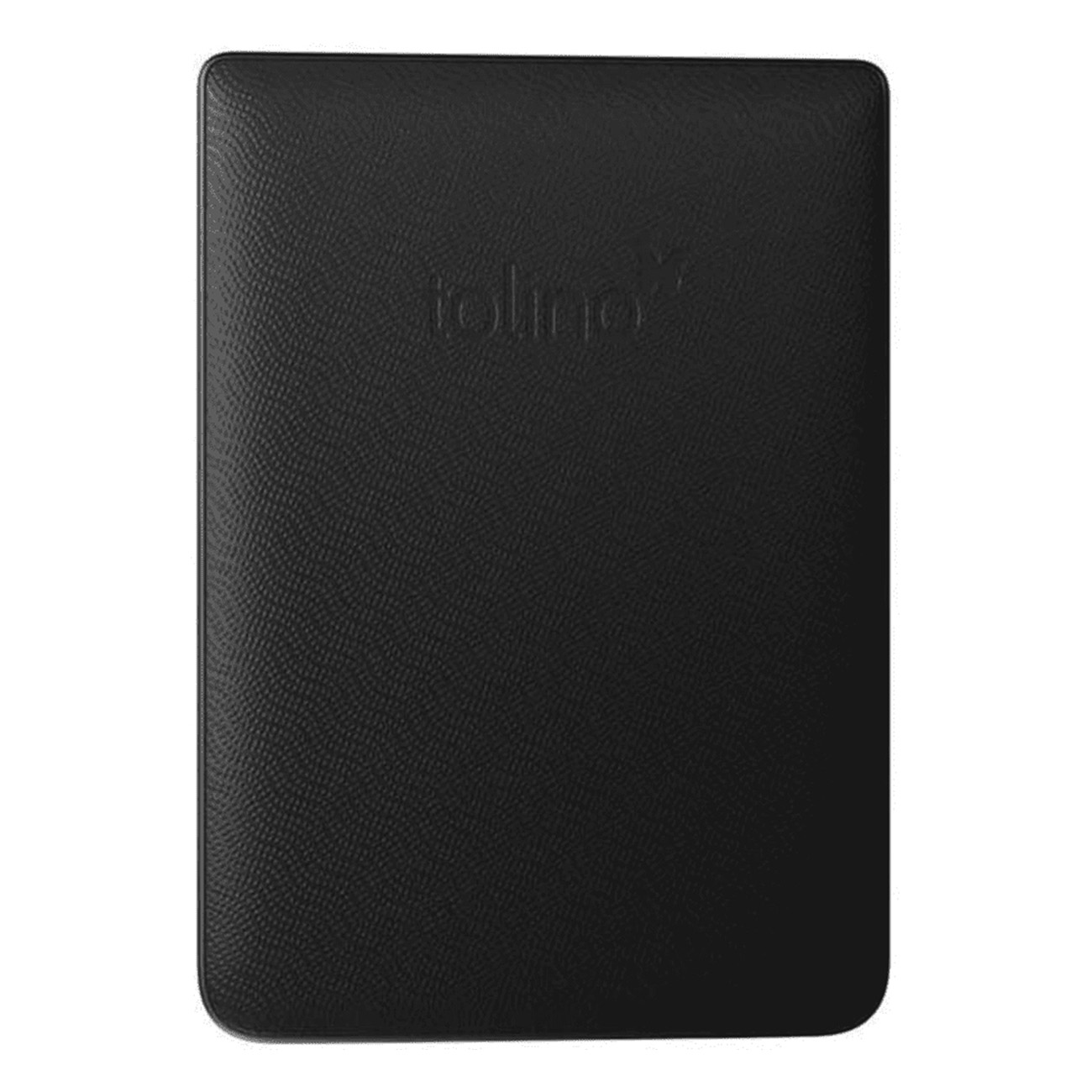 Schwarzer E-Reader mit dem Wort 'tolino' auf dem Cover. Isoliert auf Weiß.