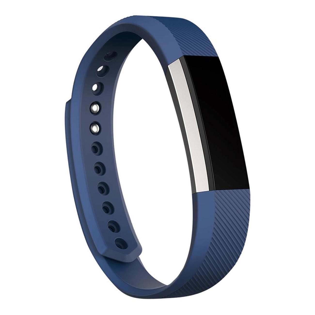 Un rastreador de fitness azul con pantalla negra y cierre plateado.