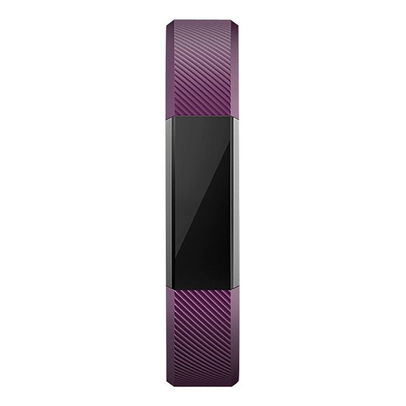 Monitor de actividad física morado con pantalla negra y banda acanalada.