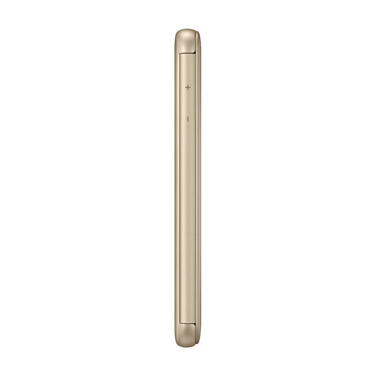 Ein goldenes Smartphone von der Seite gesehen, mit Lautstärke- und Einschalttaste.