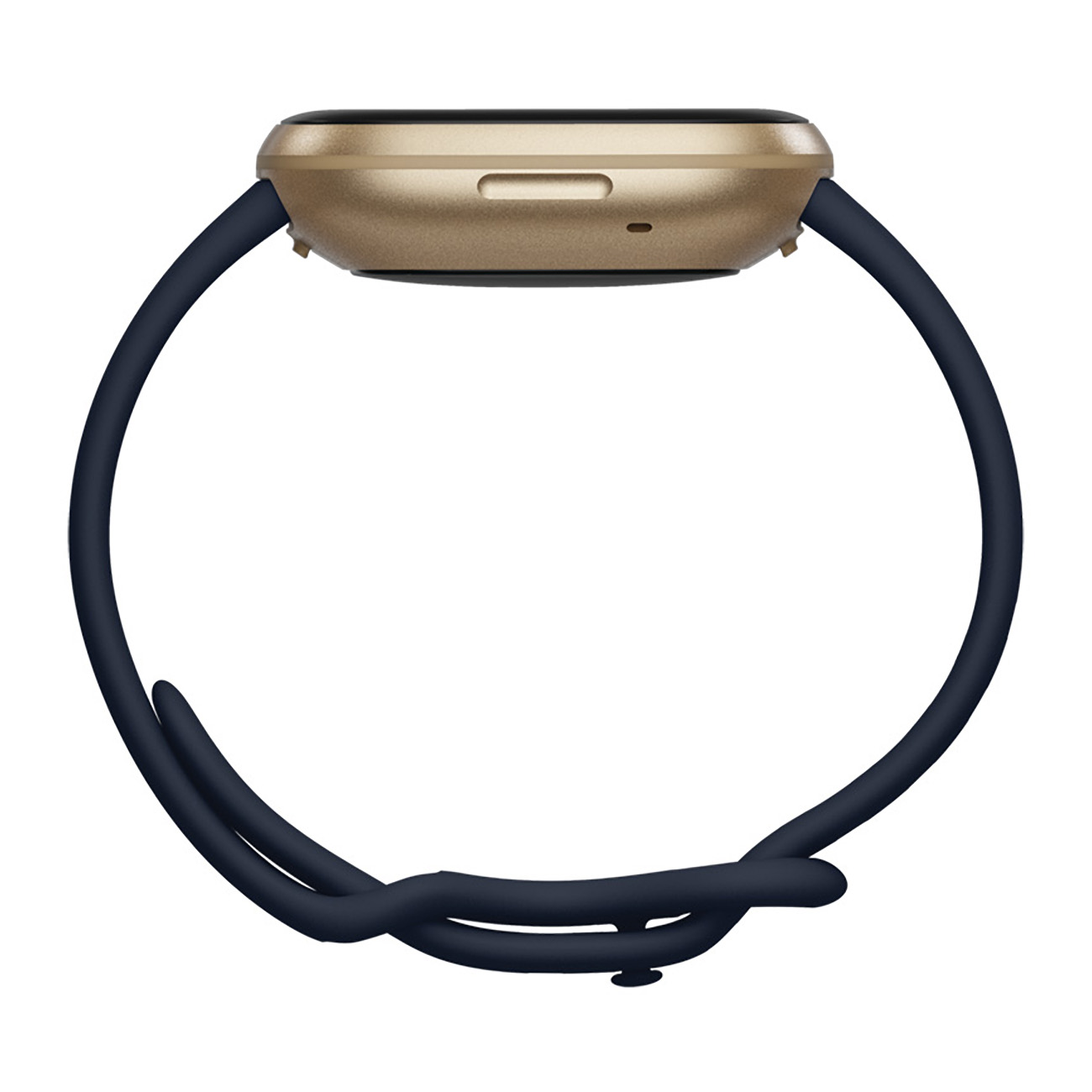 Goldene Smartwatch mit marineblauem Armband. Rundes Zifferblatt, seitliche Taste. Armband geschlungen und befestigt.