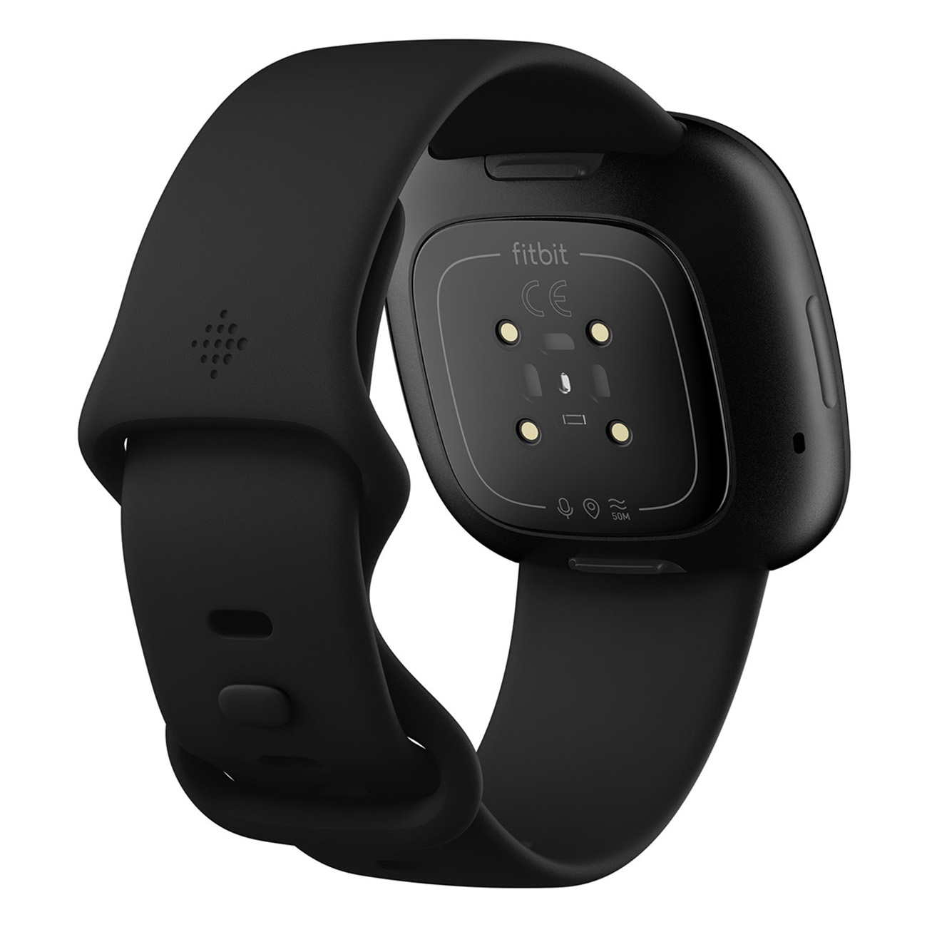 Schwarze Fitbit Versa Smartwatch, Rückansicht, mit Sensoren und Armband.