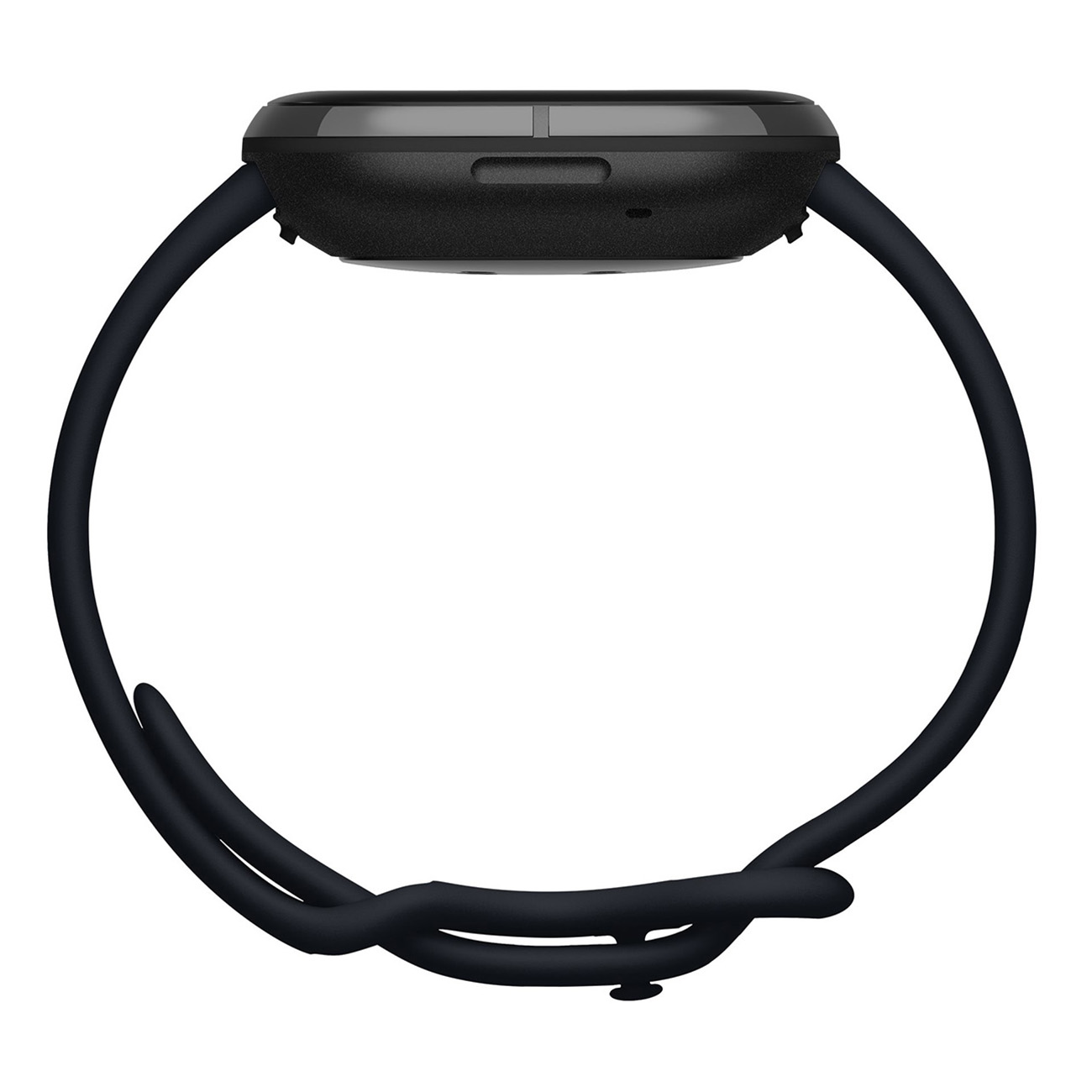 Eine schwarze Smartwatch mit rundem Zifferblatt und schwarzem Armband, Seitenansicht.