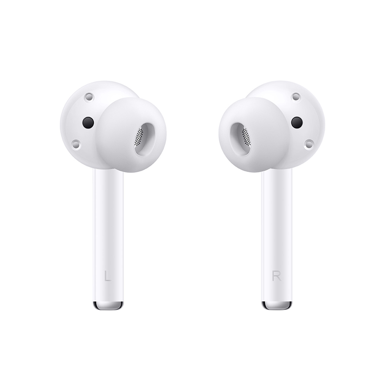 Due auricolari wireless bianchi. L'auricolare sinistro è 'L' e il destro 'R'.