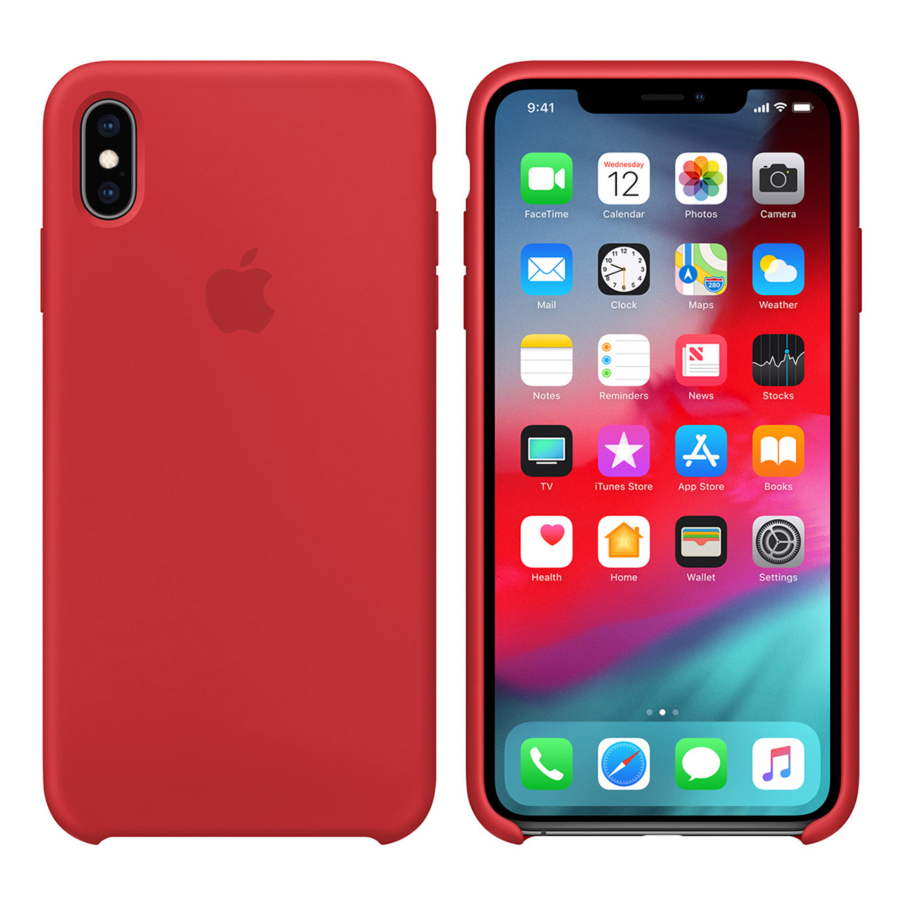 iPhone rosso con app sullo schermo e custodia rossa a sinistra.