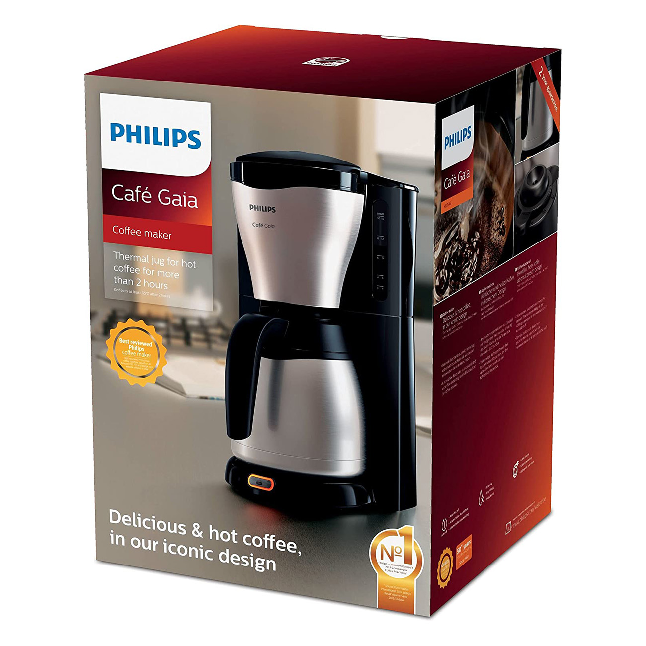 Ekspres do kawy Philips Cafe Gaia w pudełku. Na pudełku znajduje się logo Philips i szczegóły produktu, ze zdjęciami ekspresu do kawy.