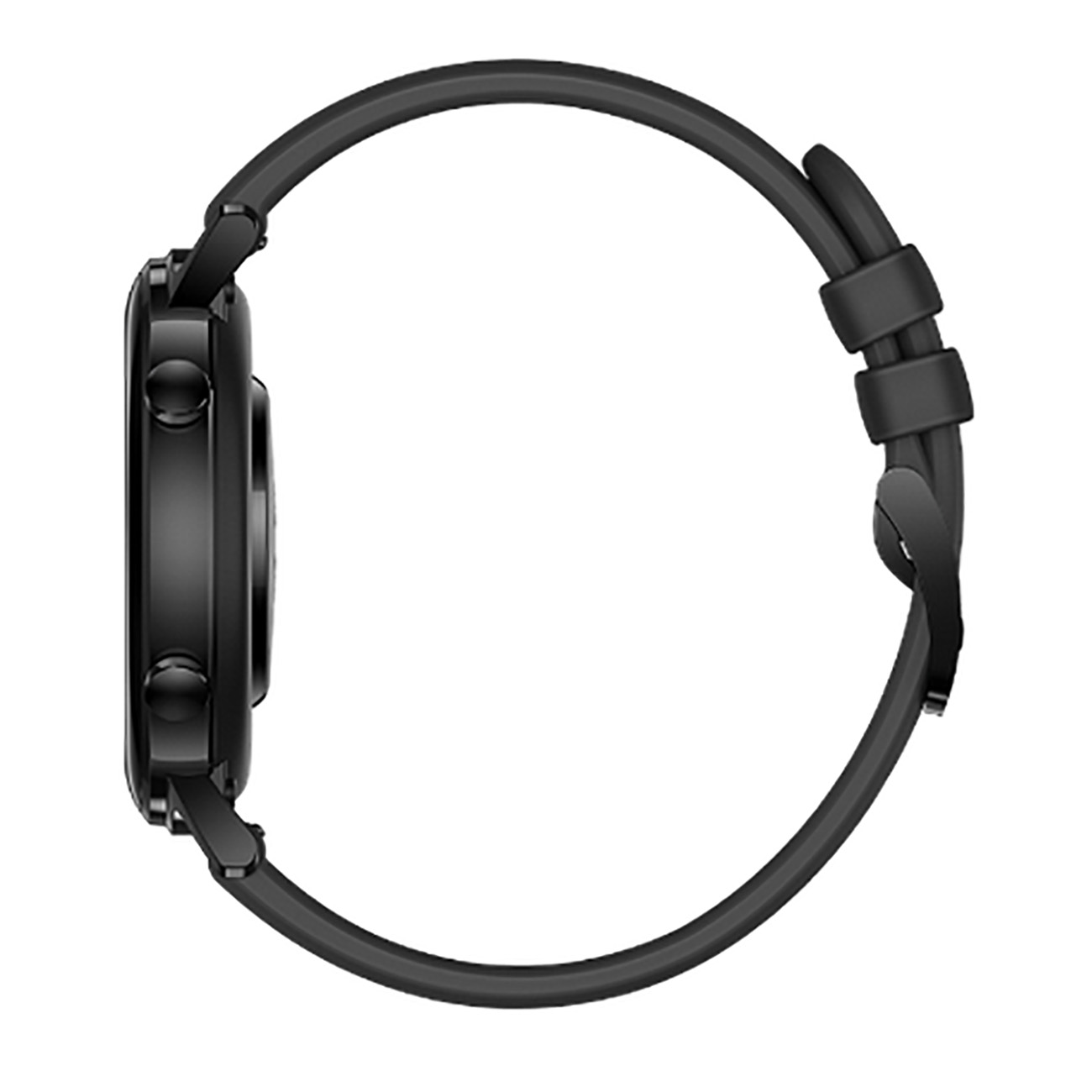 Schwarze Smartwatch, Seitenansicht, schwarzes Armband, schwarzer Hintergrund.