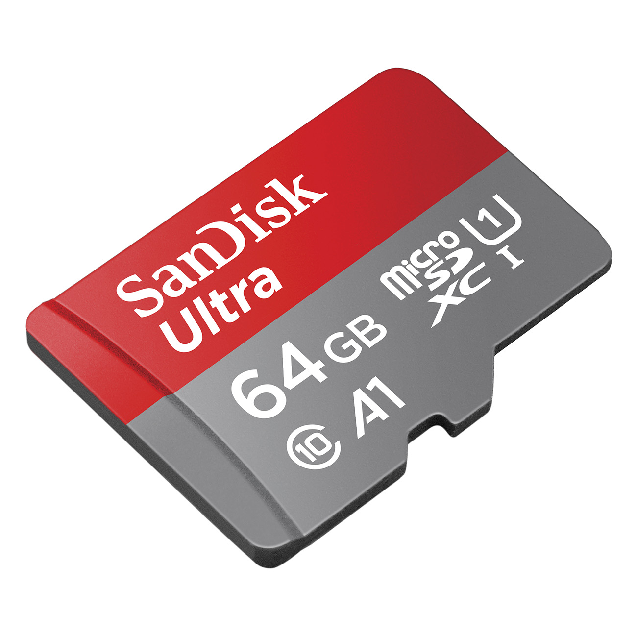 Eine rote und graue Sandisk Ultra 64GB microSD-Karte. Die Karte ist abgewinkelt.