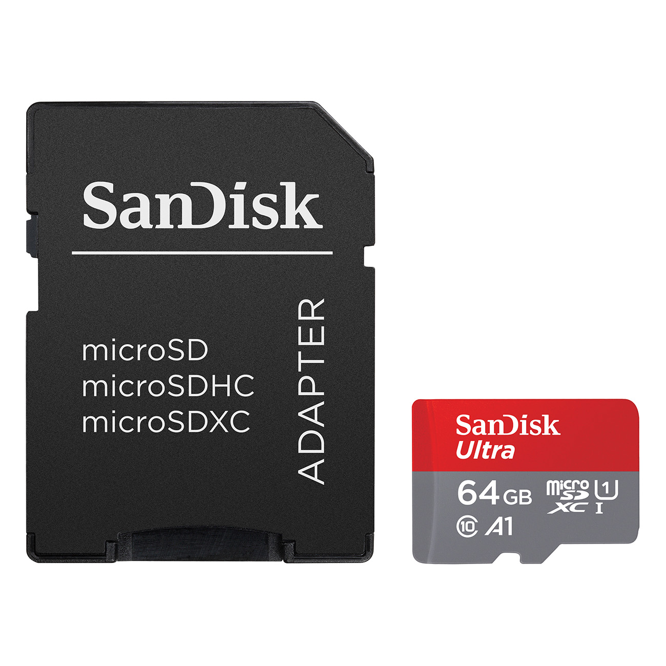 Schwarzer Adapter und rote 64GB microSD-Karte. Weißer Text. Weißer Hintergrund.