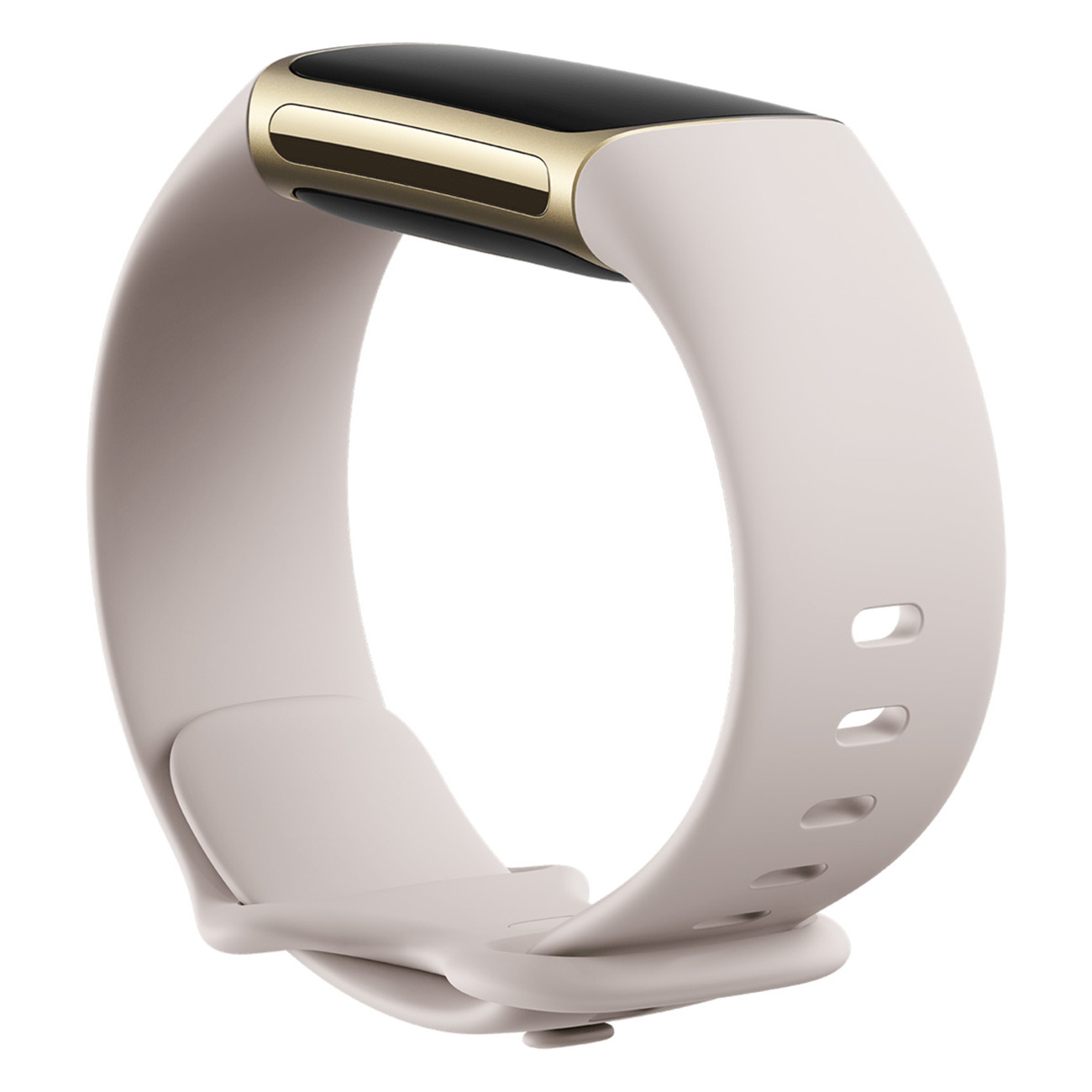 Ein hellrosa Fitness-Tracker mit goldenem Detail und weißem Hintergrund.