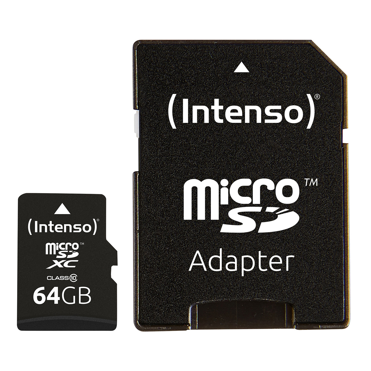 Schwarze microSD-Karte und Adapter. Die Karte hat 64 GB. Der Adapter trägt den Markennamen Intenso.