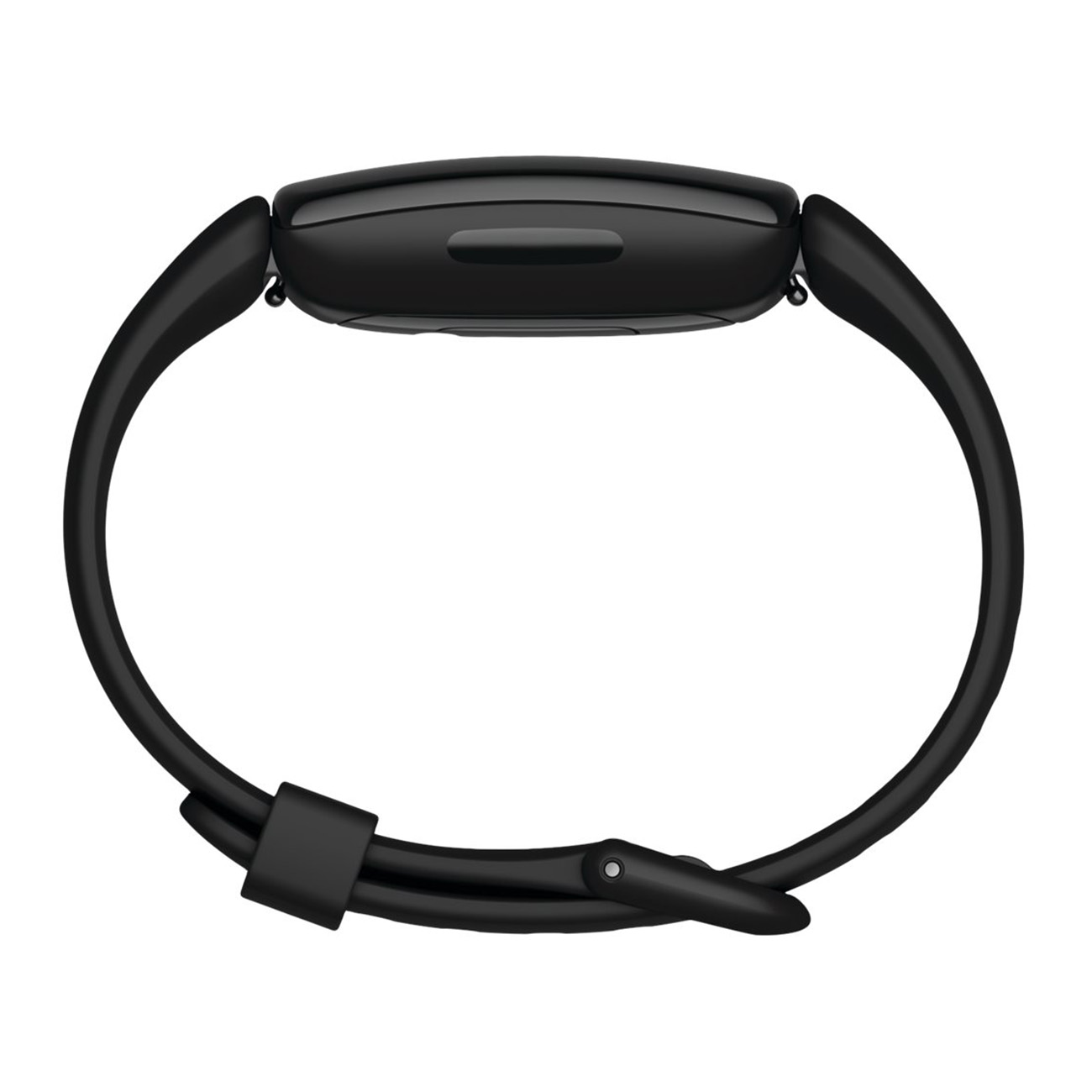 Schwarze Fitness-Tracker-Uhr, zeigt das Armband und den Bildschirm des Geräts. Das Armband ist geschlossen.