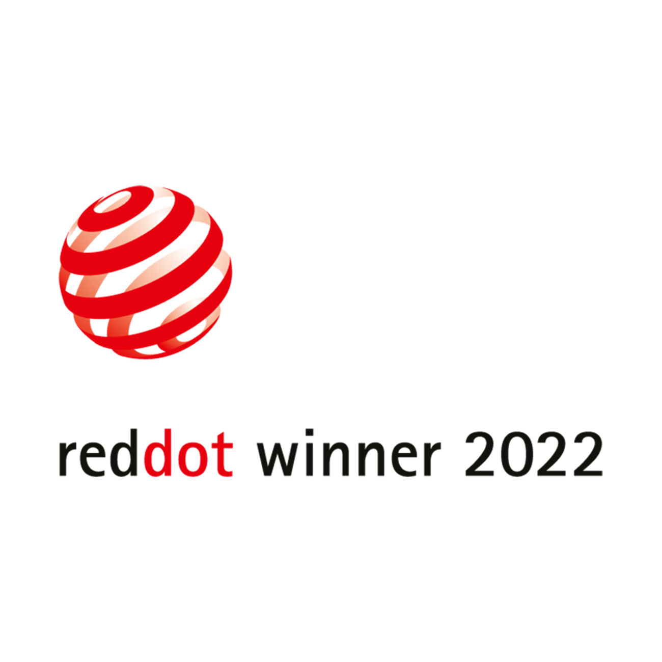 Logo Red Dot Winner 2022. Czerwono-biała spirala po lewej i tekst po prawej stronie.