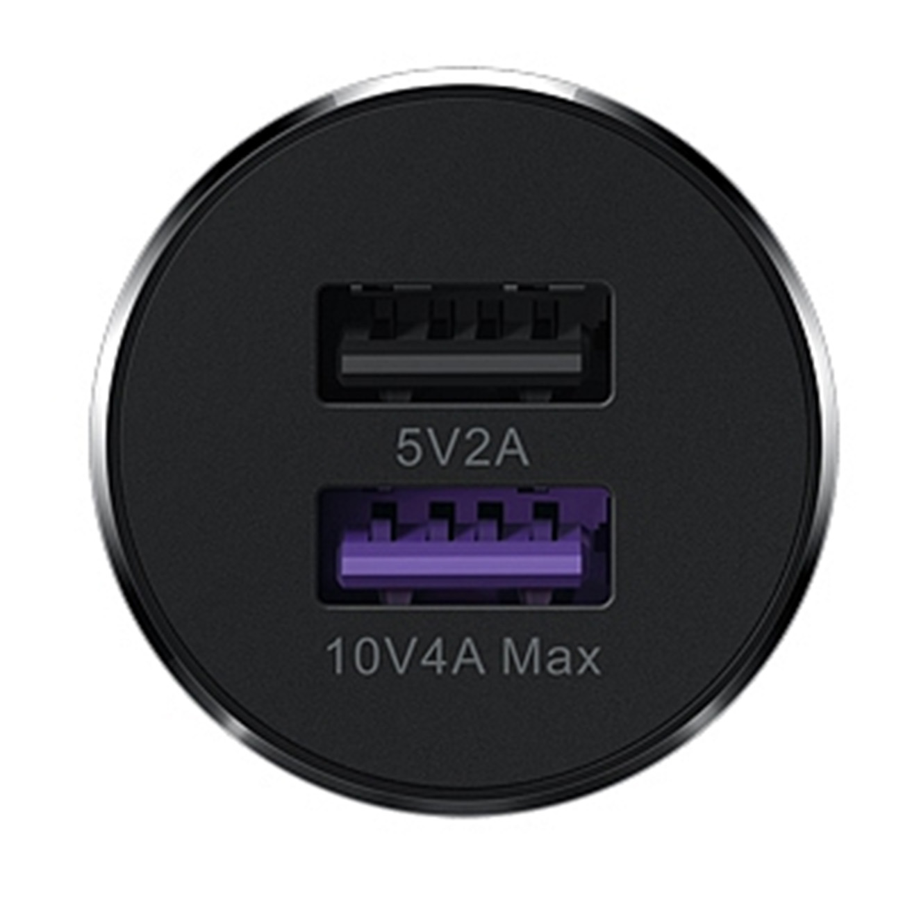 Cargador de coche negro con dos puertos USB. Uno es negro y el otro morado.