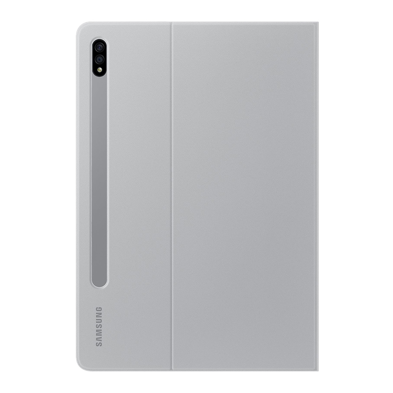 Silbernes Tablet mit grauer Hülle, Markenname nicht sichtbar.