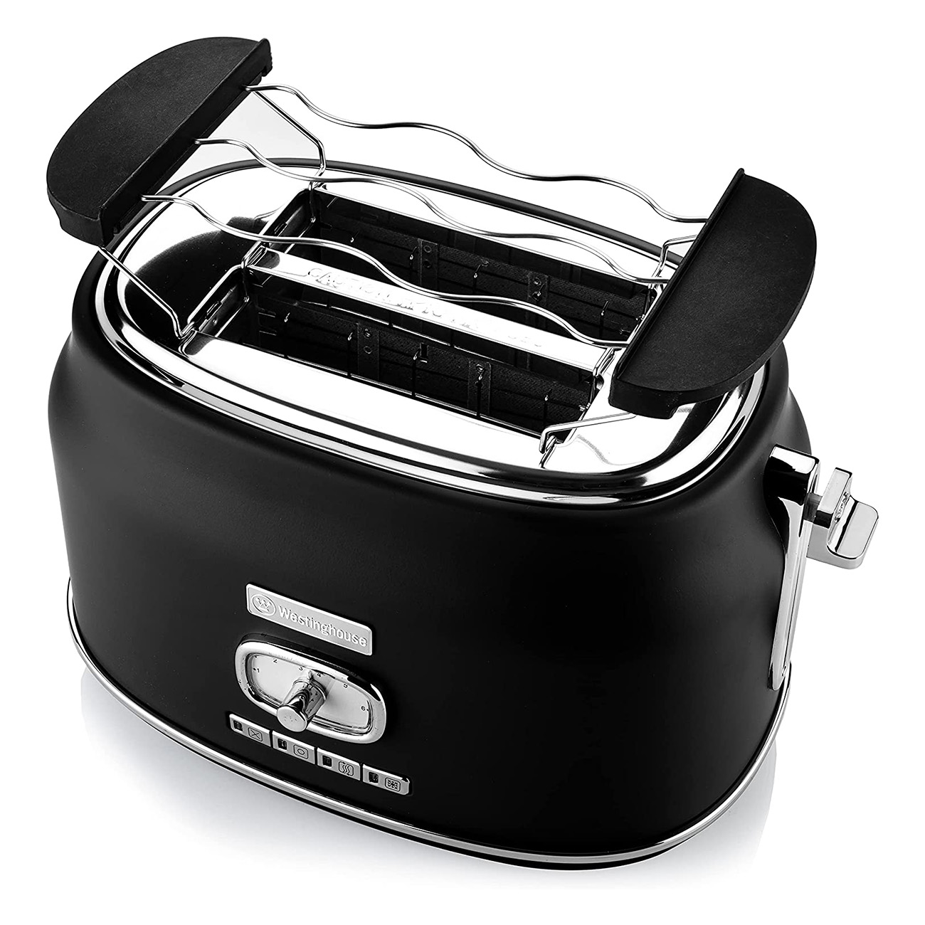 Schwarzer und silberner Toaster mit Chrom-Heizelement.