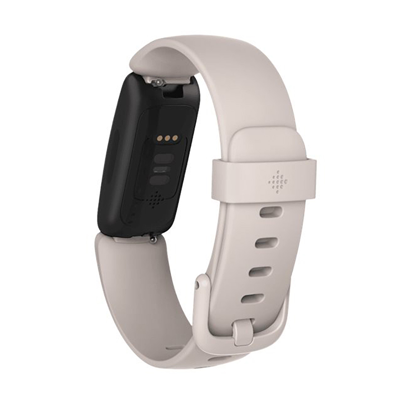 Fitbit-Uhr, hellgraues Armband, schwarzer Sensor. Weißer Hintergrund.