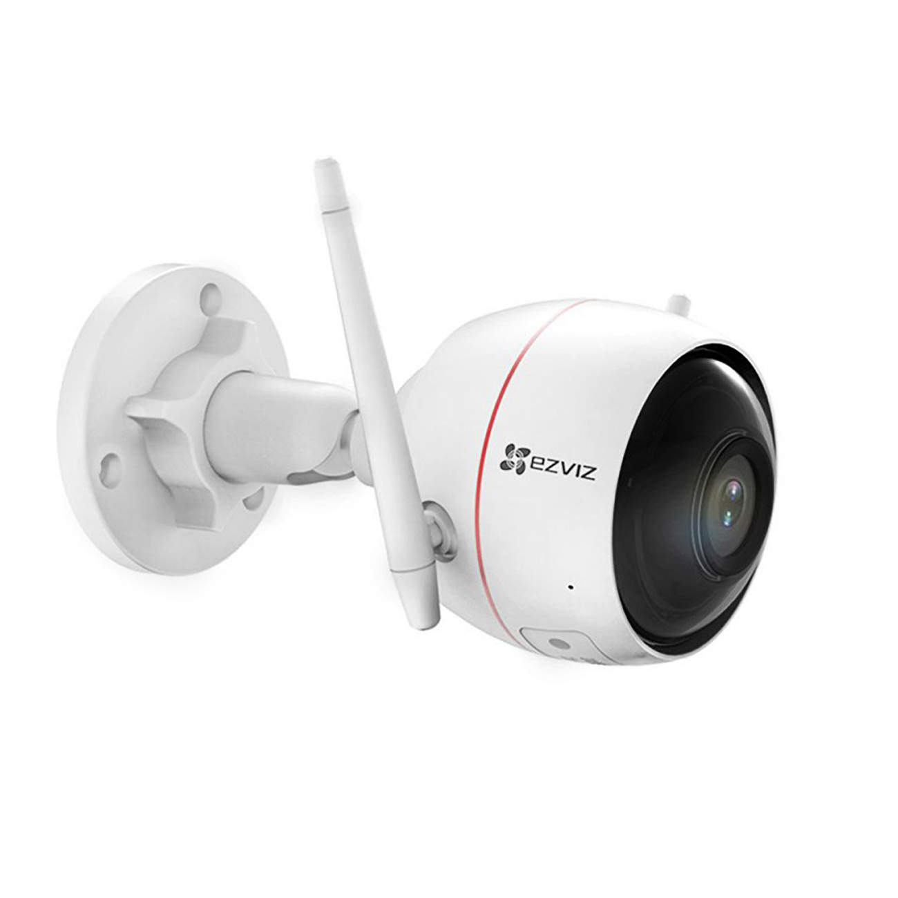 Una telecamera di sicurezza EZVIZ bianca montata a parete. Dispone di un obiettivo nero e antenna.