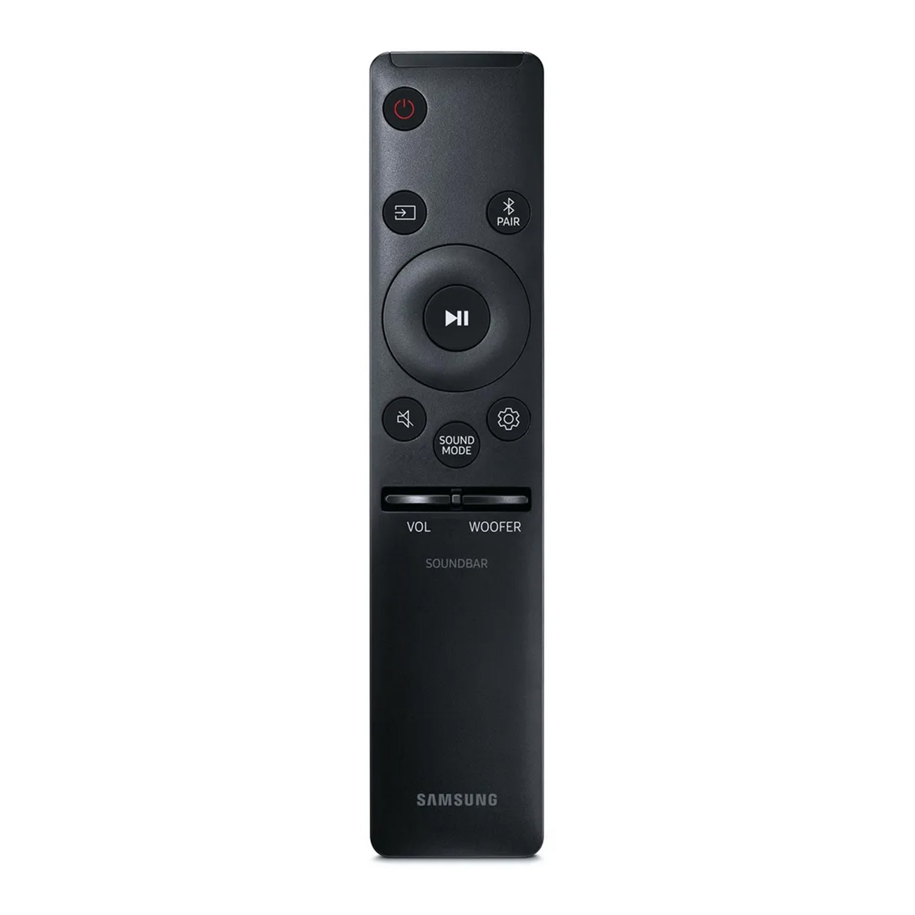 Schwarze Soundbar-Fernbedienung mit Tasten für Strom, Soundmodus und Lautstärke.