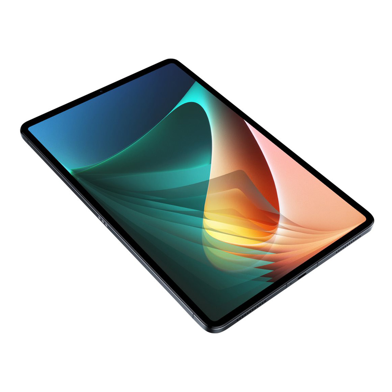 Tablet mit lebendigem Bildschirm, der blaue, orangefarbene und grüne Farben zeigt, isoliert auf Weiß.