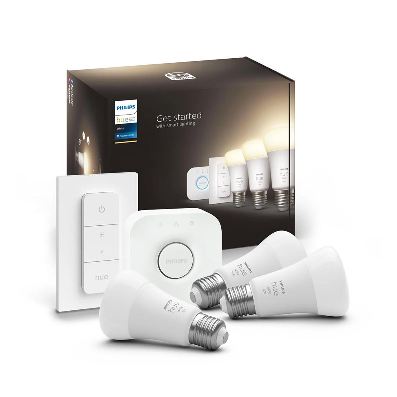 Zestaw inteligentnego oświetlenia Philips Hue. Zawiera żarówki, hub, przełącznik i opakowanie. Białe tło.