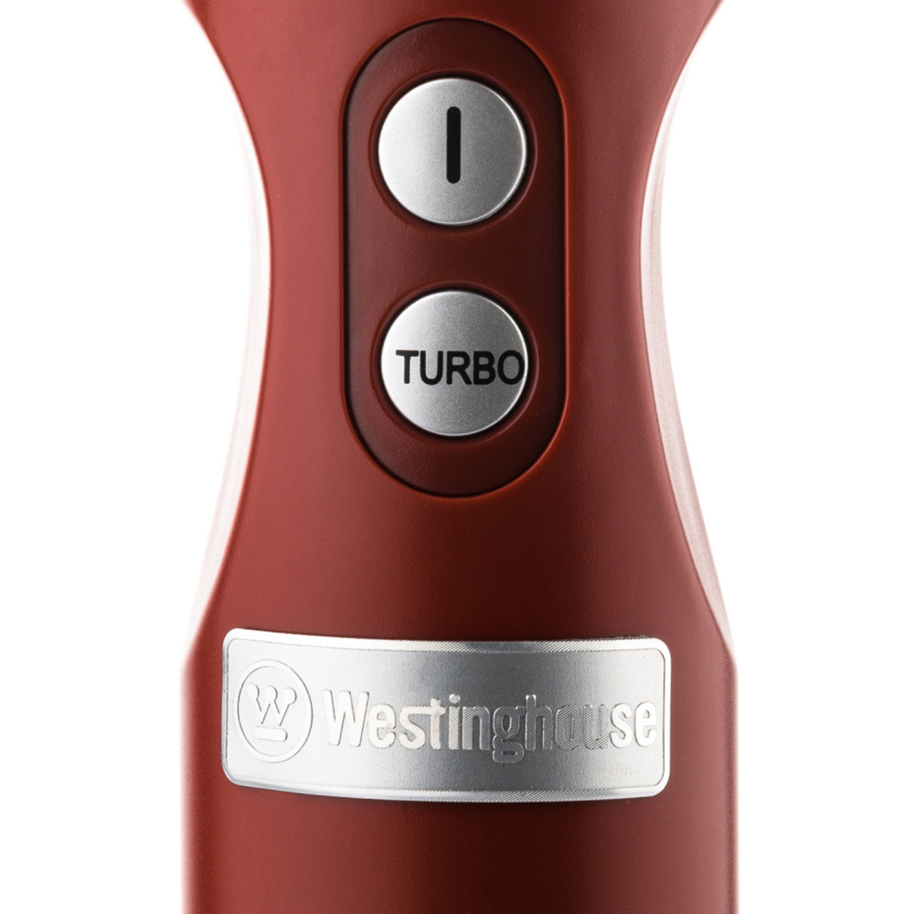 Nahaufnahme eines roten Stabmixers mit Ein- und Turbotaste. Westinghouse Logo.
