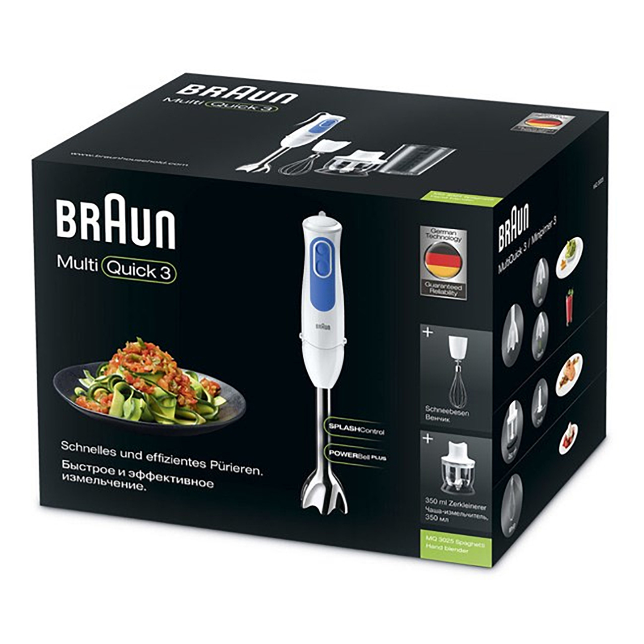 Braun MultiQuick 3 Box mit Stabmixer, Aufsätzen und einem Gericht mit Essen.