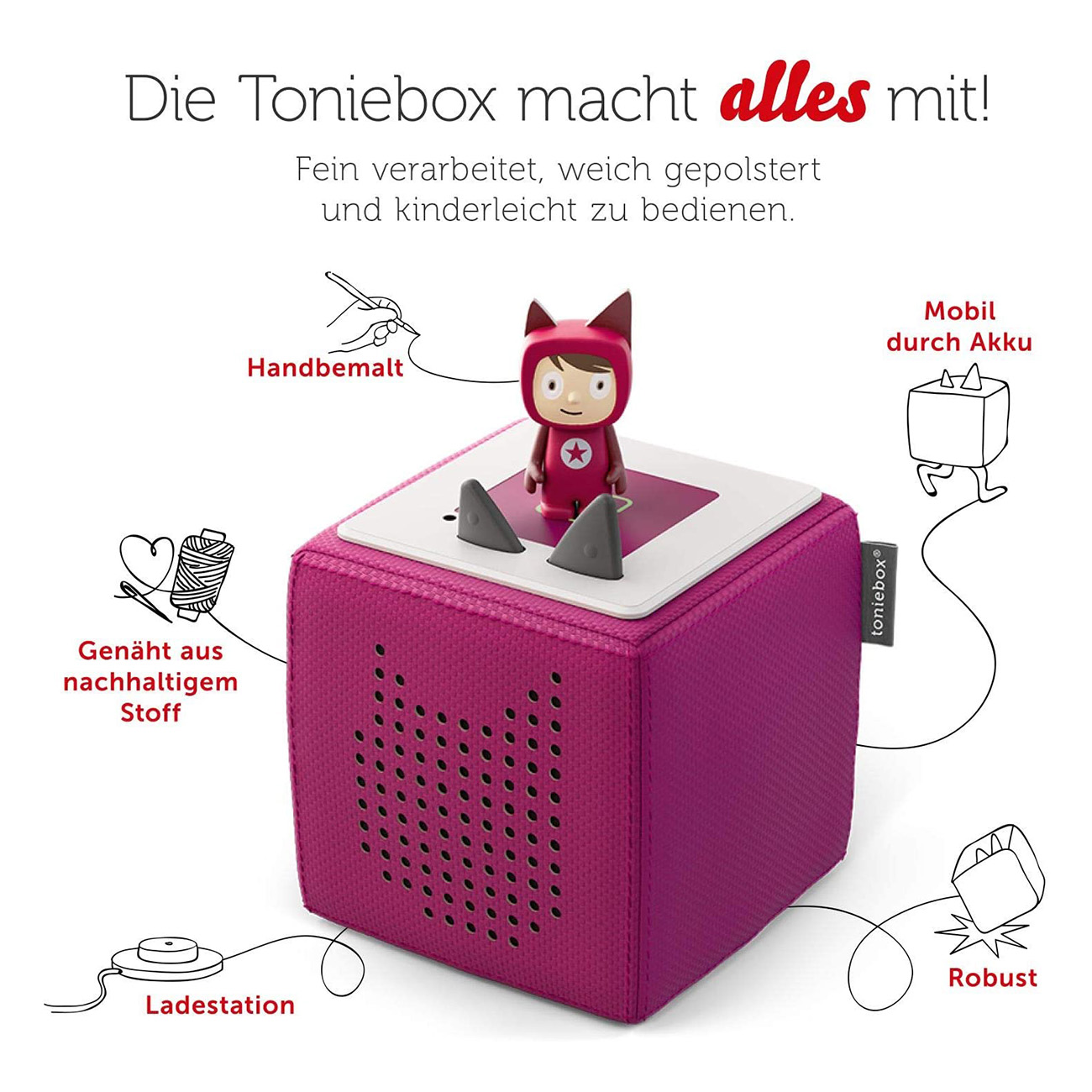 Rosa Toniebox mit Figur oben. Text und Illustrationen drumherum.