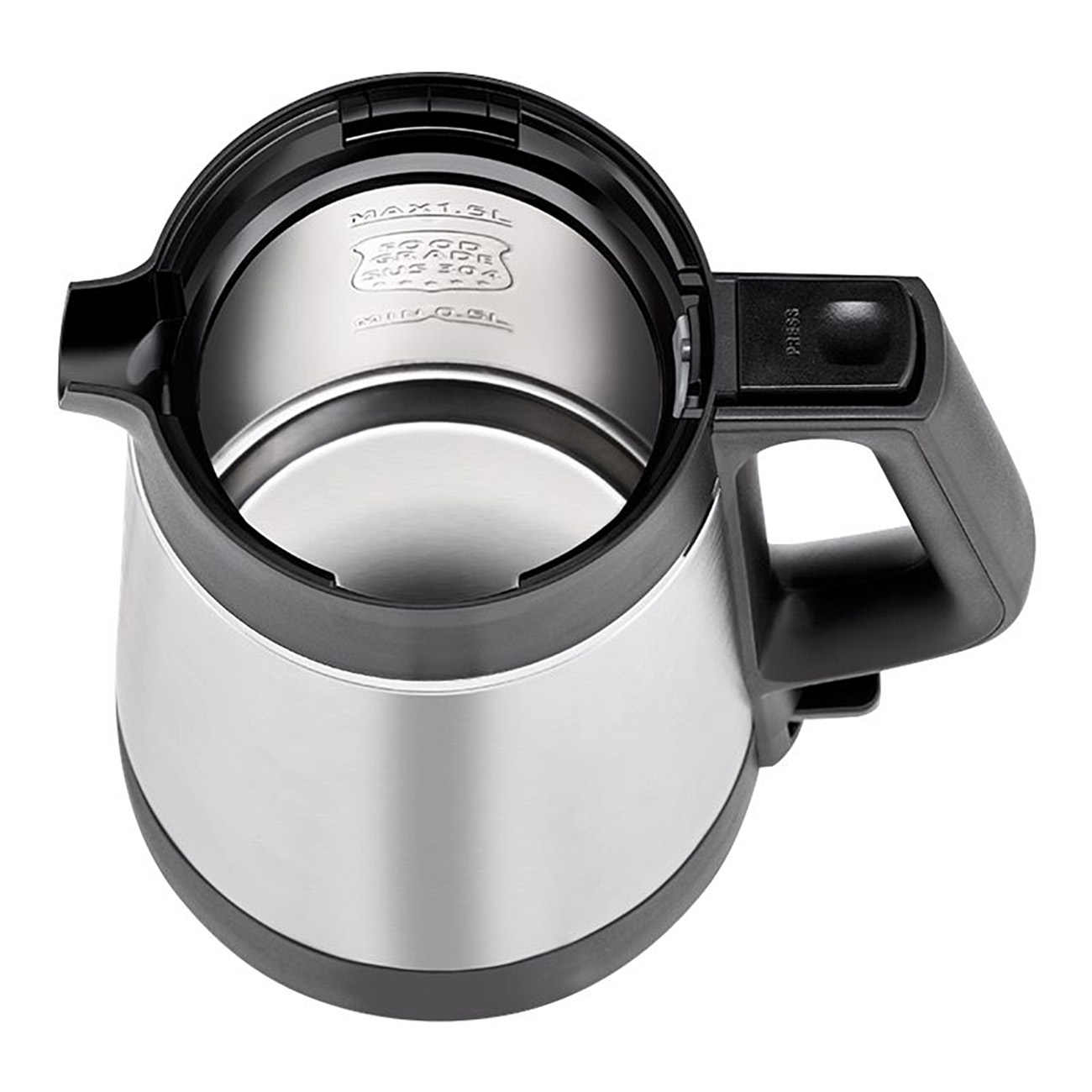 Widok z góry na czajnik elektryczny ze stali nierdzewnej i czarny.